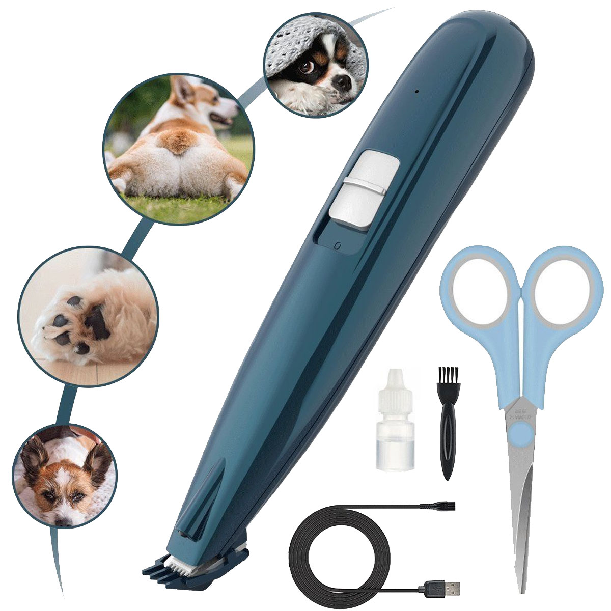 Hunde-Pflegeset. Enthält Clipper, Schere, Öl, Bürste und Bilder von Hunden vor und nach der Pflege.