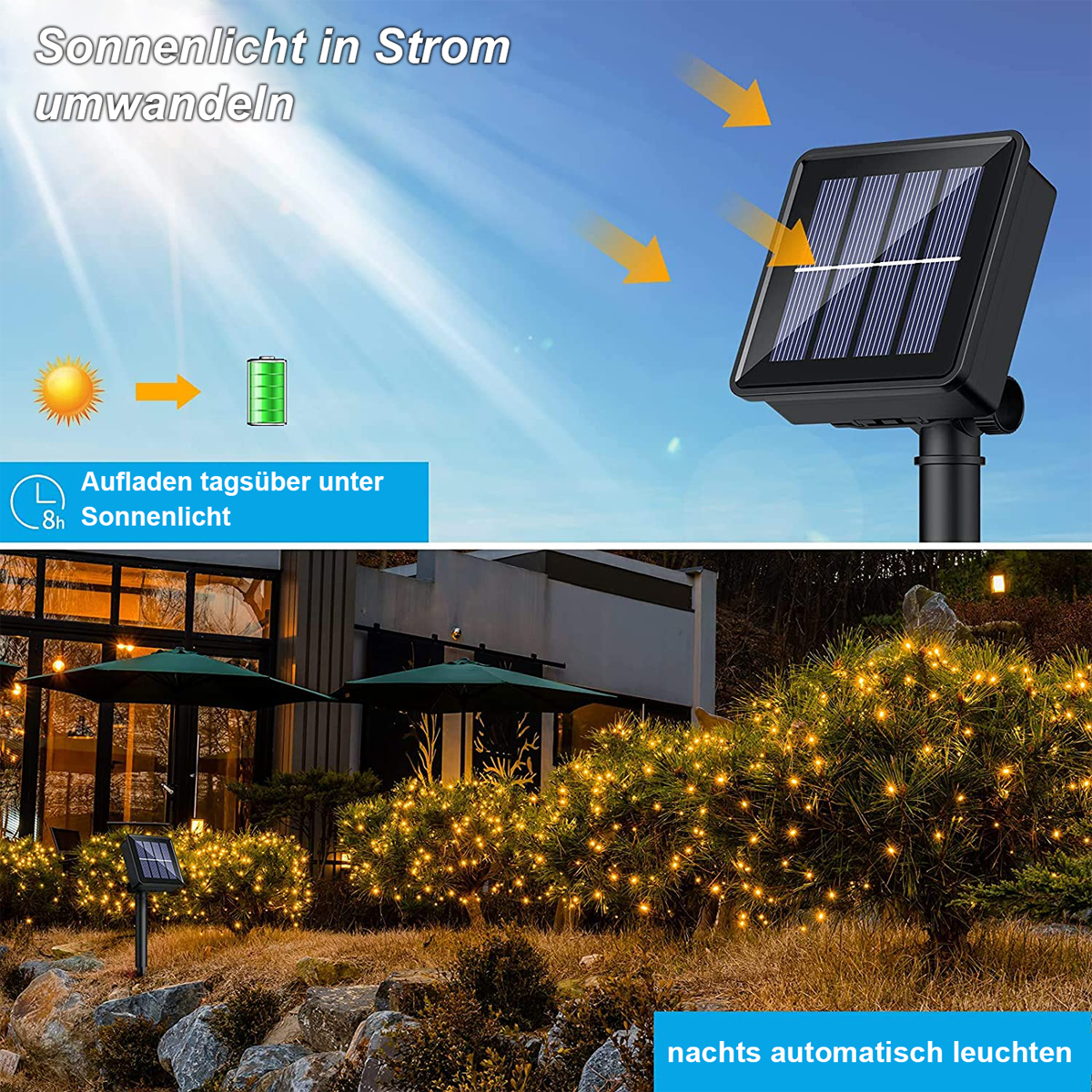 LAMON LED Solarleuchte, Solar-Lichterketten, Warmweiß, Kupferdraht Lichter 100 Solar-Lichterketten, 12m Warmweiß Lichterkette