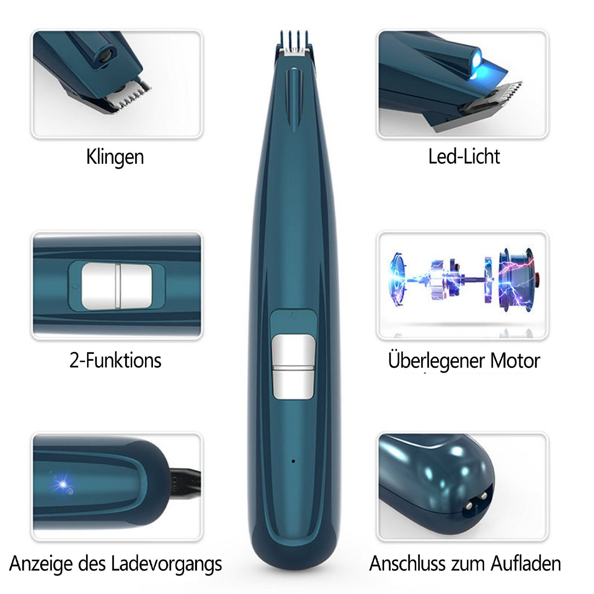 Blauer Elektrorasierer mit verschiedenen Komponenten, darunter Klingen und Ladeanschluss.