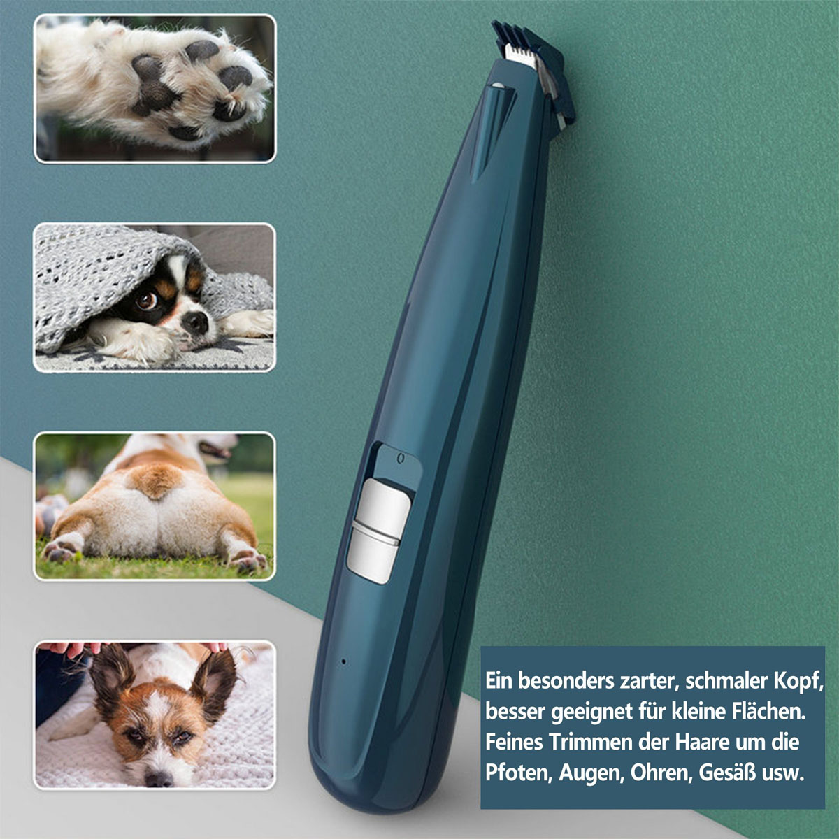 Blauer Haarschneider für Haustiere. Bilder von Hunden daneben.