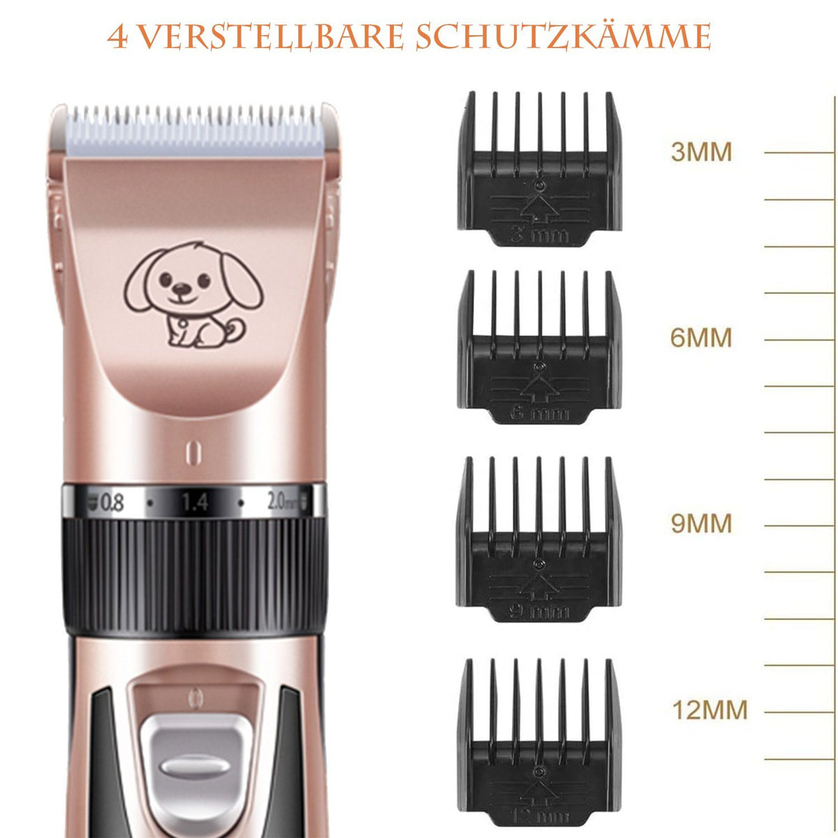 Elektrischer Haarschneider für Haustiere in Roségold. Clipper und vier Aufsätze sind sichtbar.