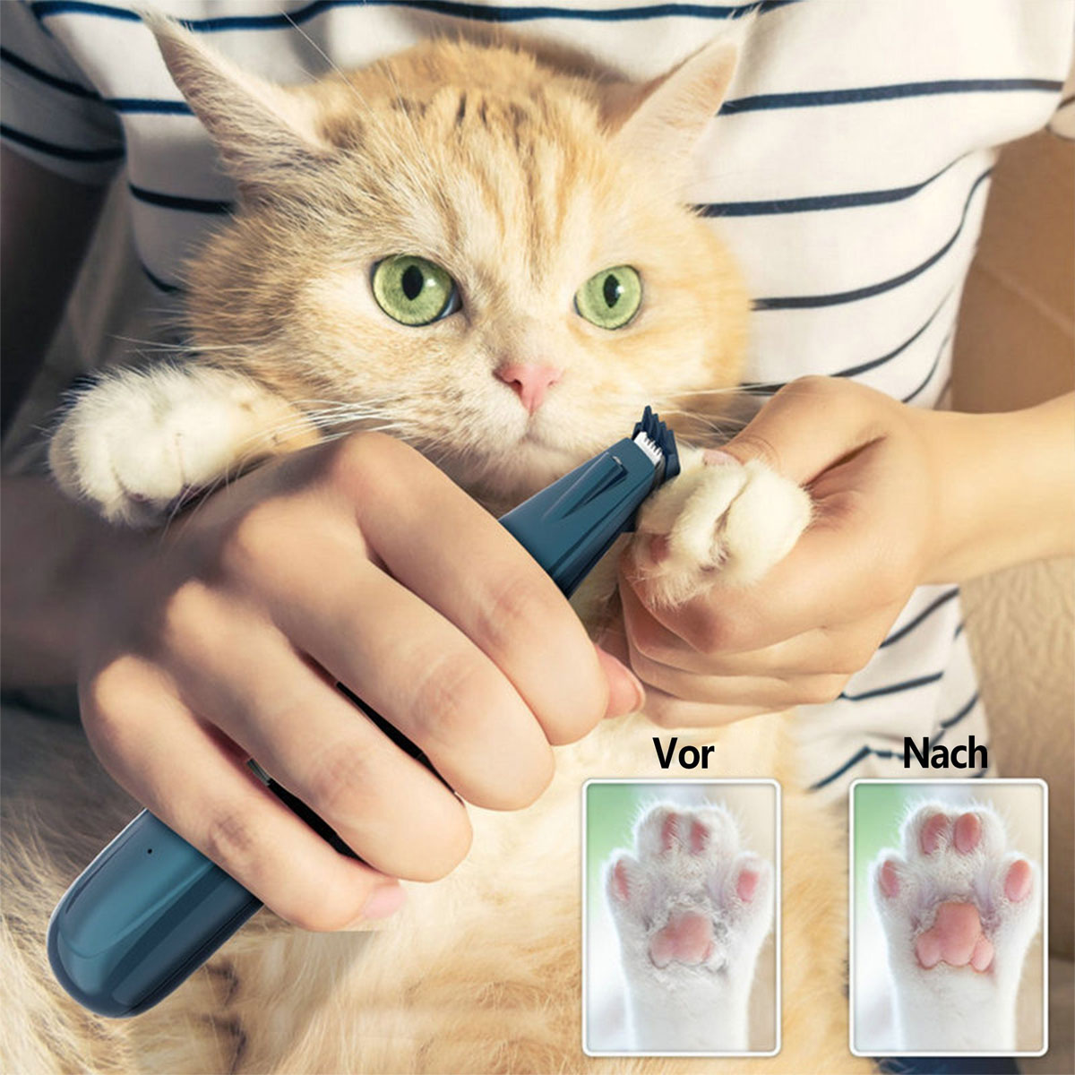 Eine Person schneidet einer Katze die Krallen mit einem Clipper. Zwei kleine Bilder zeigen Pfoten davor und danach.