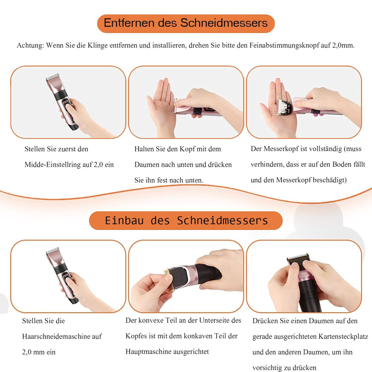 Anweisungen zum Entfernen und Installieren der Trimmerklinge. Bilder zeigen einen Trimmer und Hände.