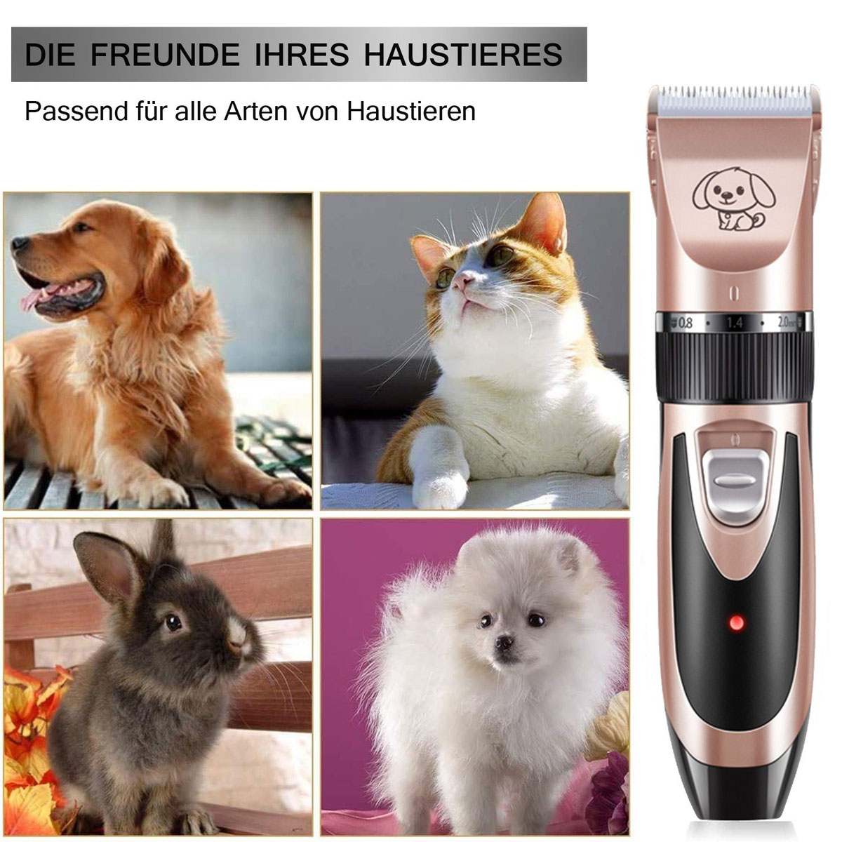 Hund, Katze, Kaninchen und Hundefrisiermaschine. Die Maschine ist gold und schwarz. Es hat ein Hunde-Logo.
