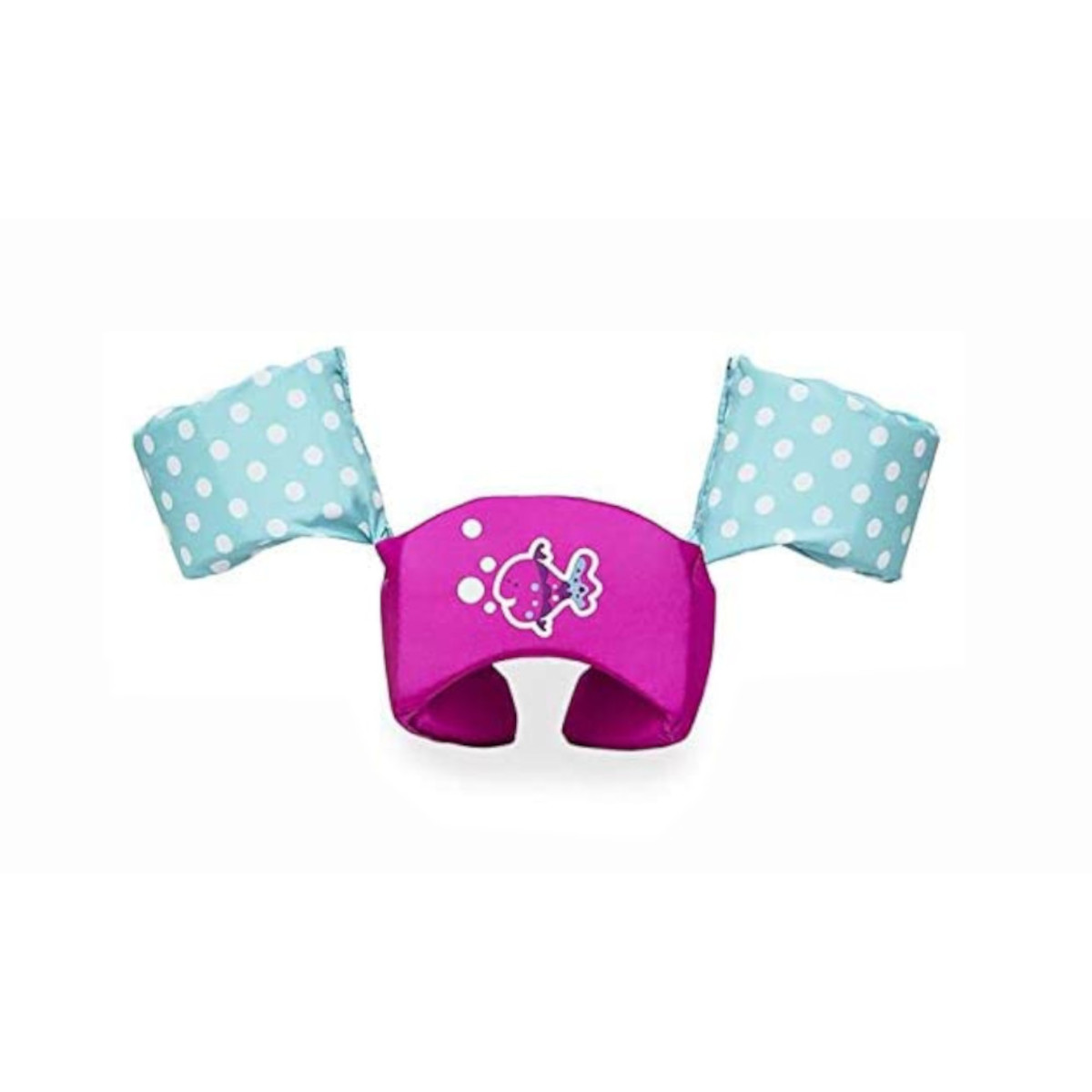 Rosa und blaue Schwimmflügel mit Fischdesign. Weißer Hintergrund.