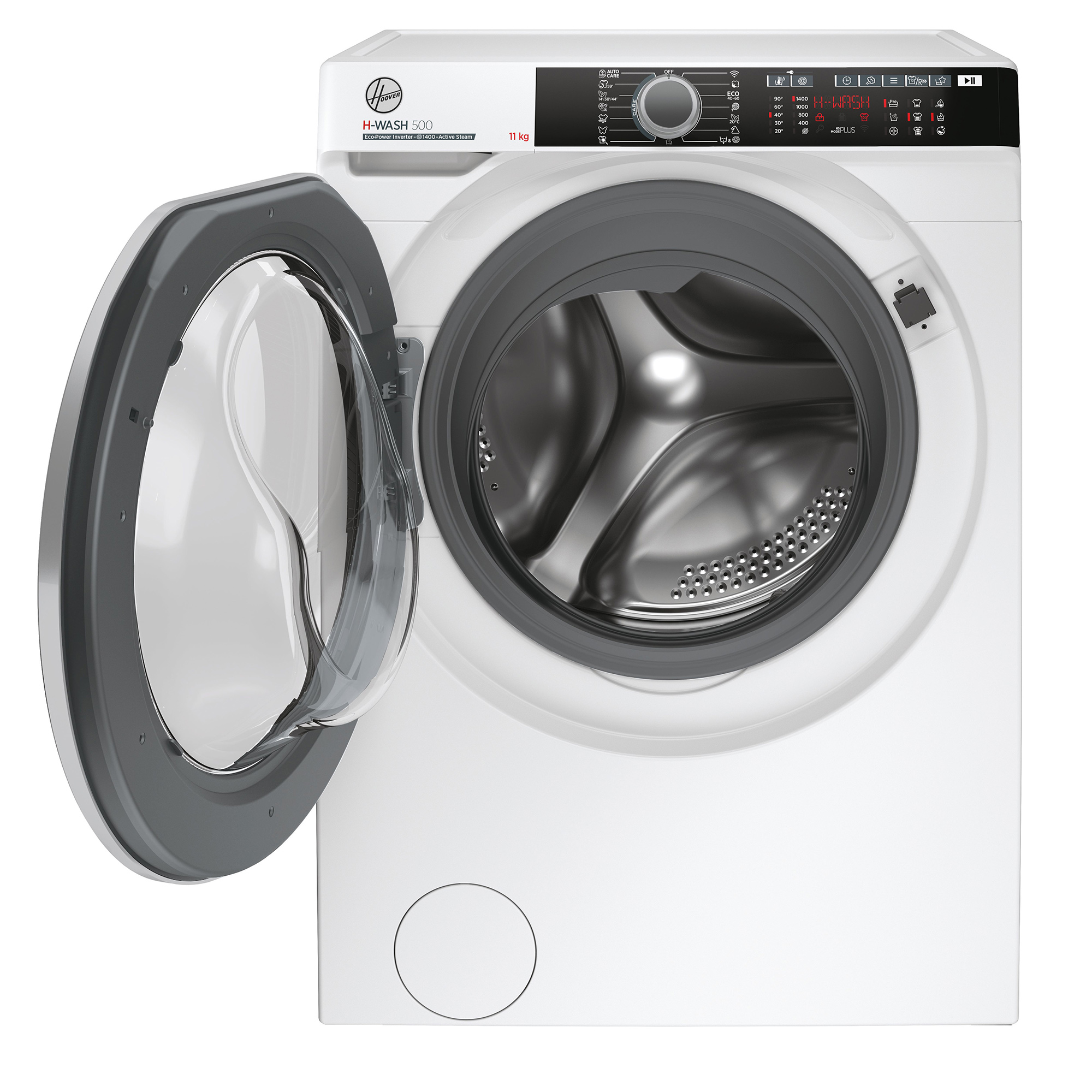 Weiße Waschmaschine mit geöffneter Tür, Innenraum sichtbar, weißer Hintergrund.