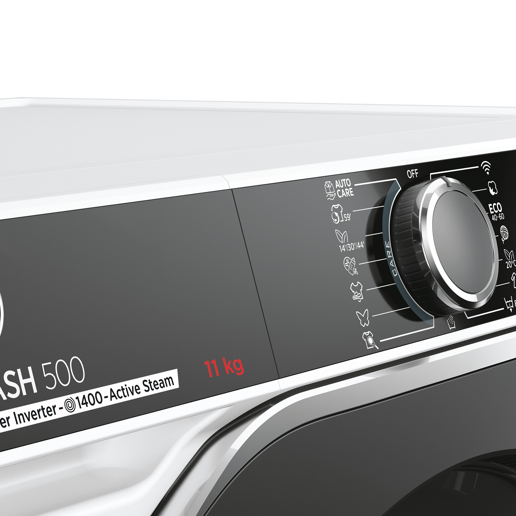Gros plan sur le panneau de commande d'une machine à laver avec cadran, boutons et étiquettes. 11 kg, Active Steam.