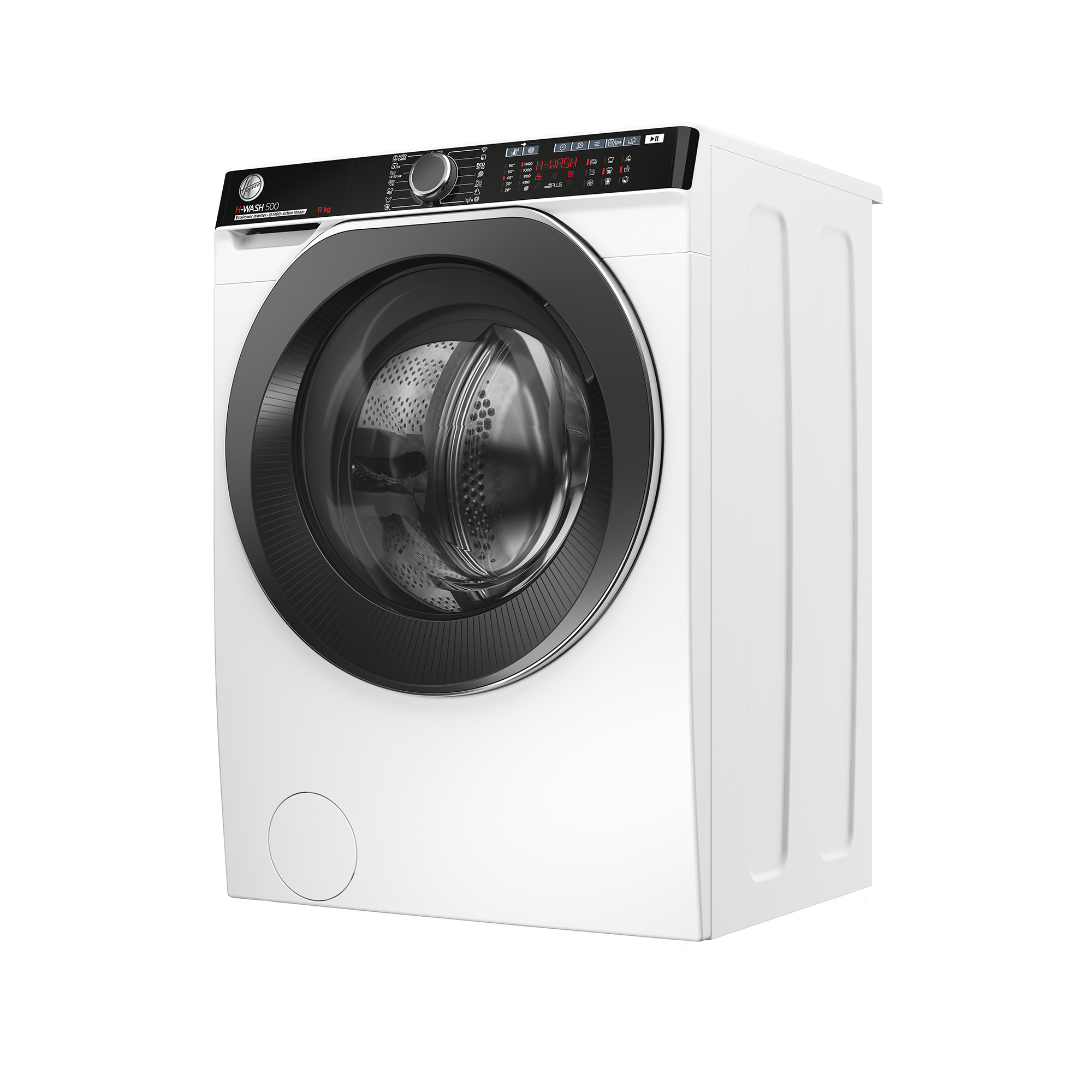 Lave-linge blanc avec porte noire. Vue latérale. Fond blanc.