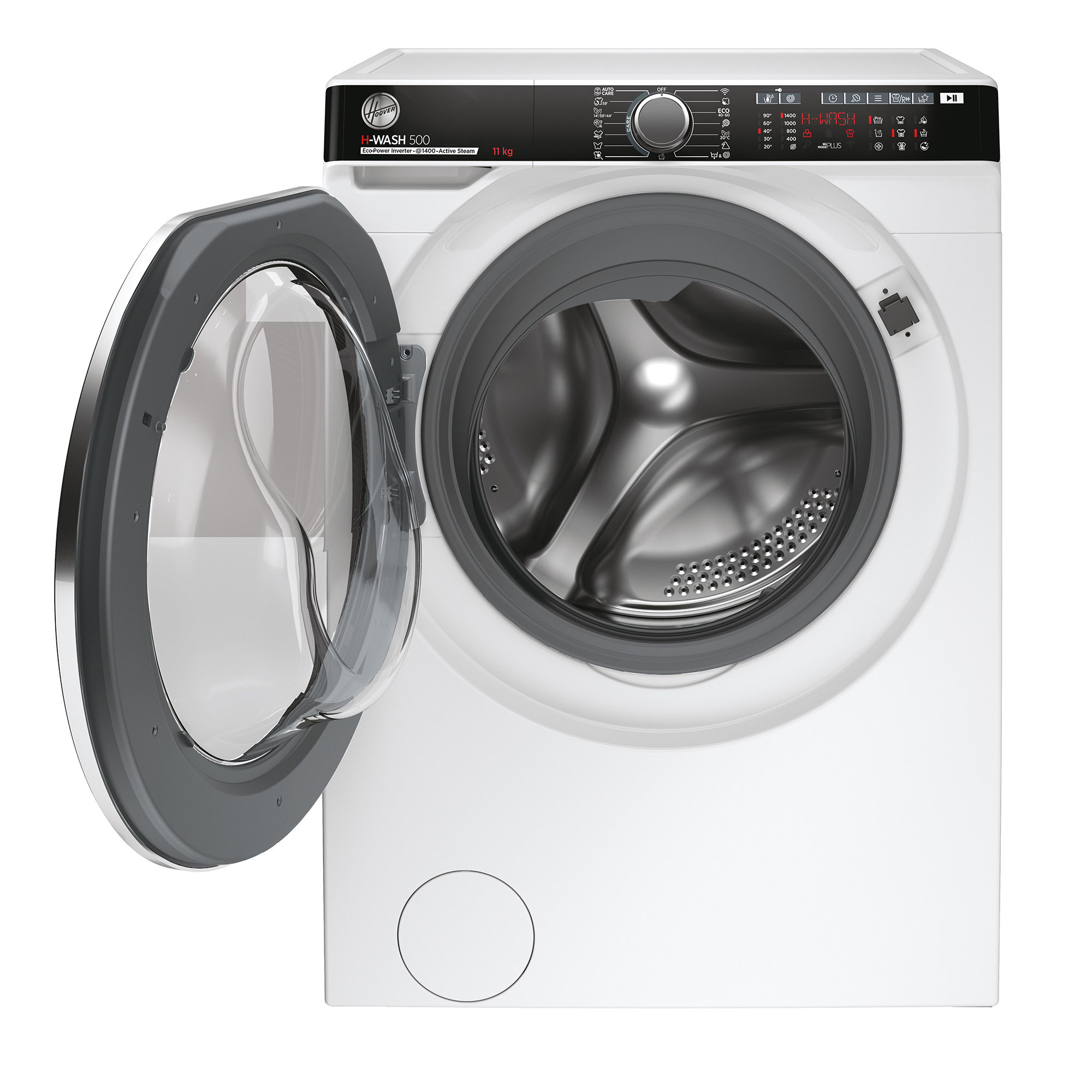 Un lave-linge Hoover blanc avec la porte ouverte, révélant le tambour.