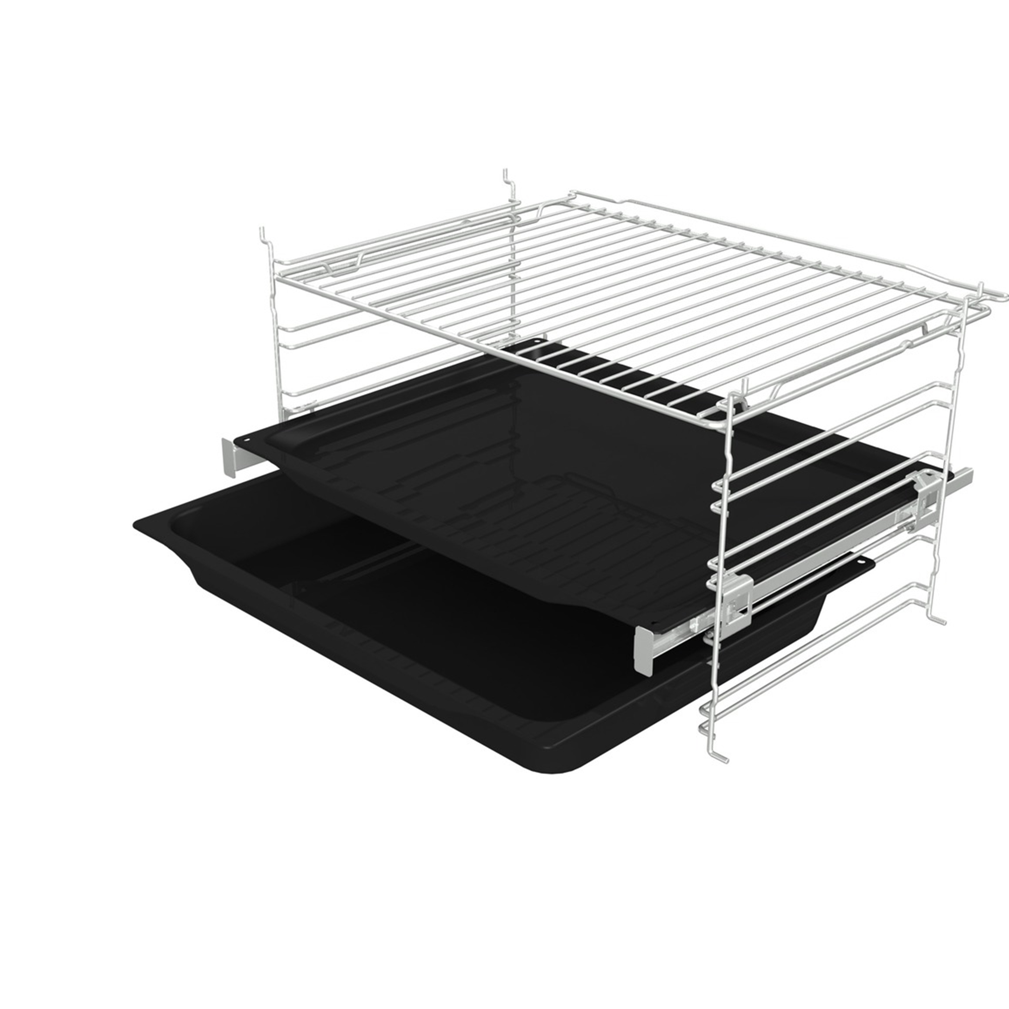 Ruszty i tace piekarnika. Ruszty metalowe, tace czarne, tło białe.