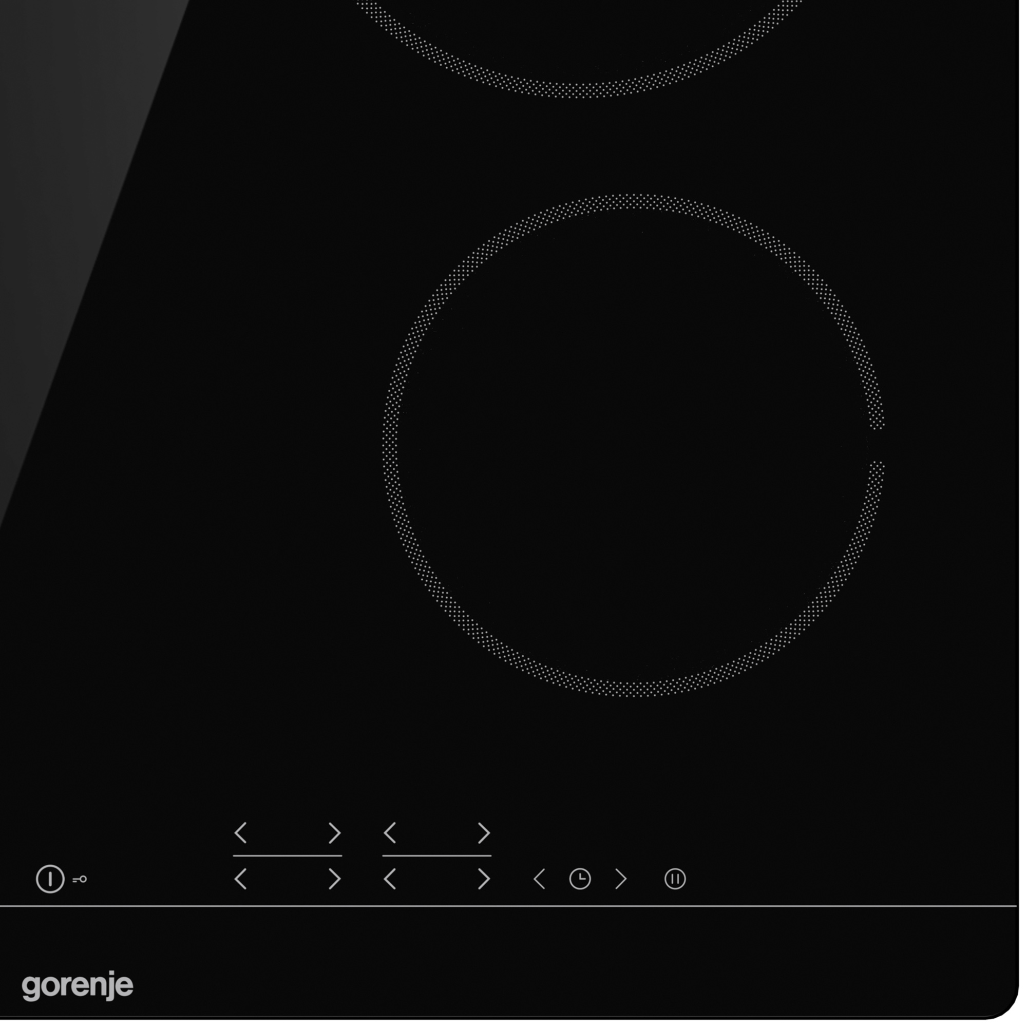 Schwarzes Glaskochfeld mit zwei gepunkteten Kochzonen und Touch-Bedienelementen unten, Markenname: Gorenje.