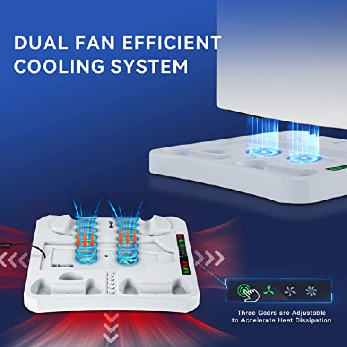 Biała podstawa systemu chłodzenia z dwoma wentylatorami, tekst: "Dual Fan Efficient Cooling System".