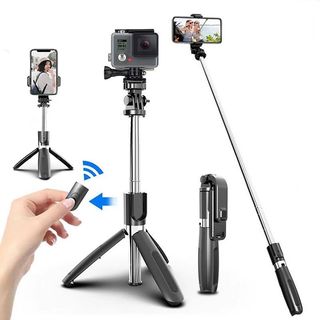 Mini trípode  - Palo de selfie/soporte para móvil con mando a distancia INF, negro