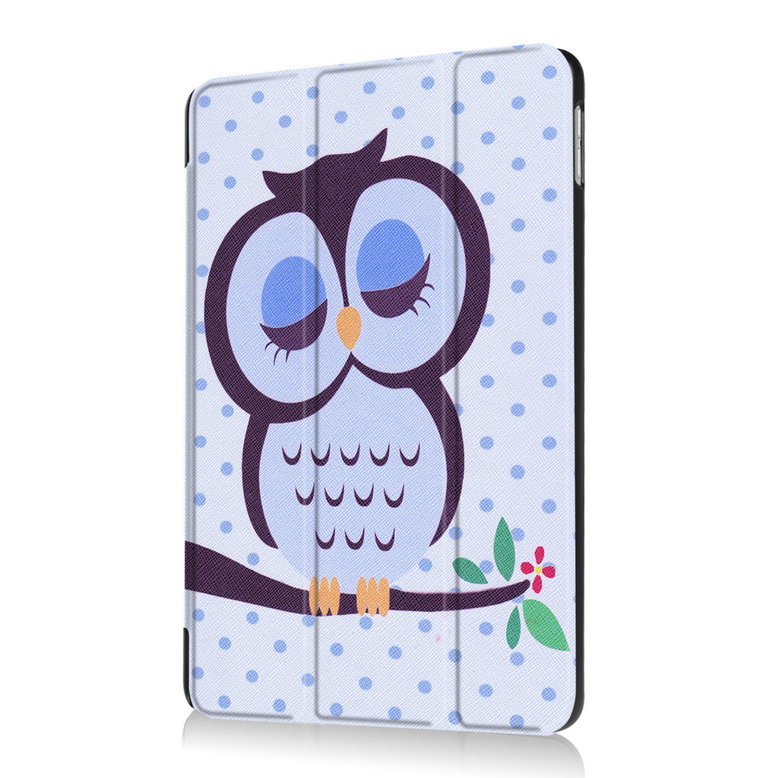 Tablet-Hülle mit Eulen-Design auf blauem Pünktchen-Hintergrund. Die Eule hat geschlossene Augen.