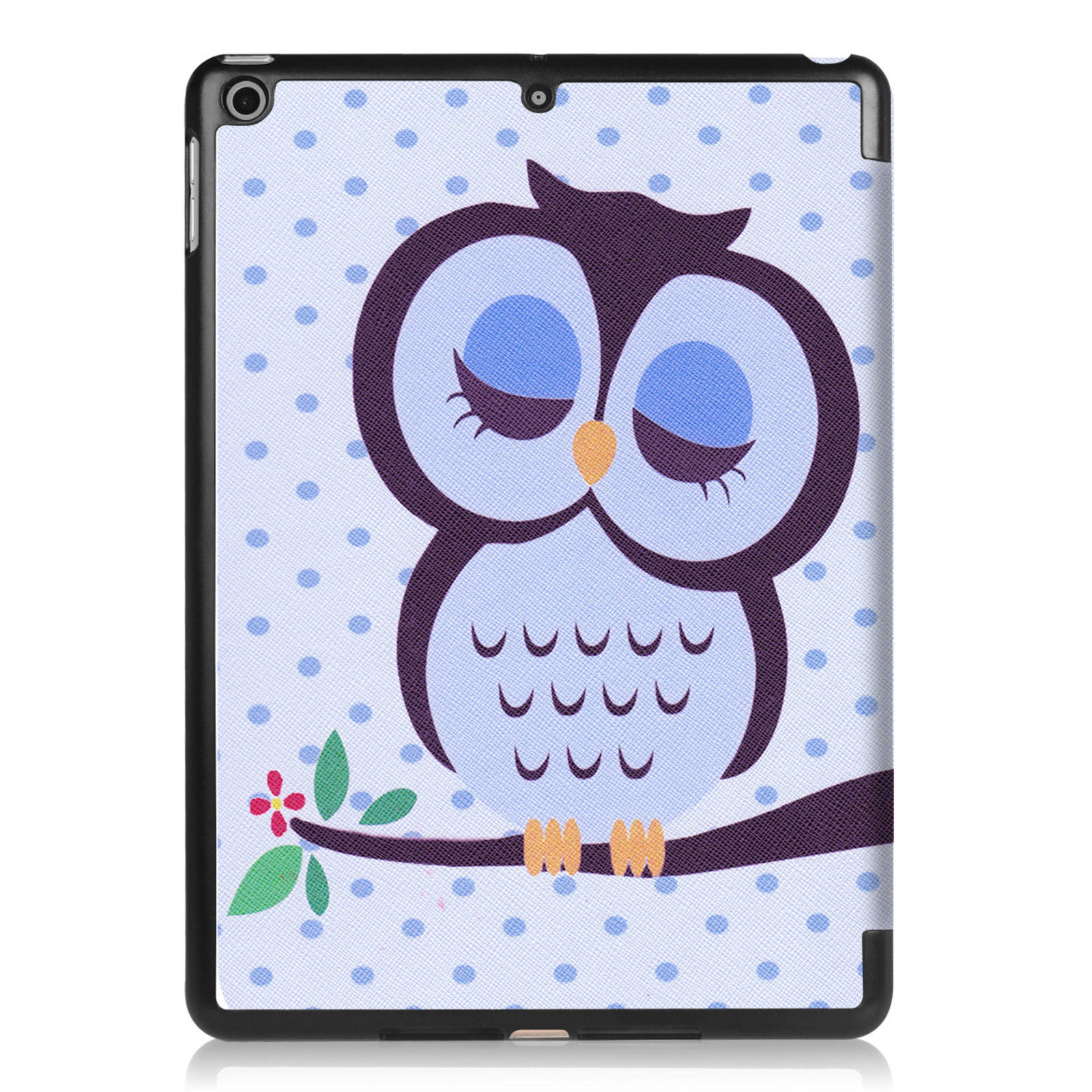 Tablet-Hülle mit Eulen-Design, die Eule sitzt auf einem Ast vor gepunktetem Hintergrund.