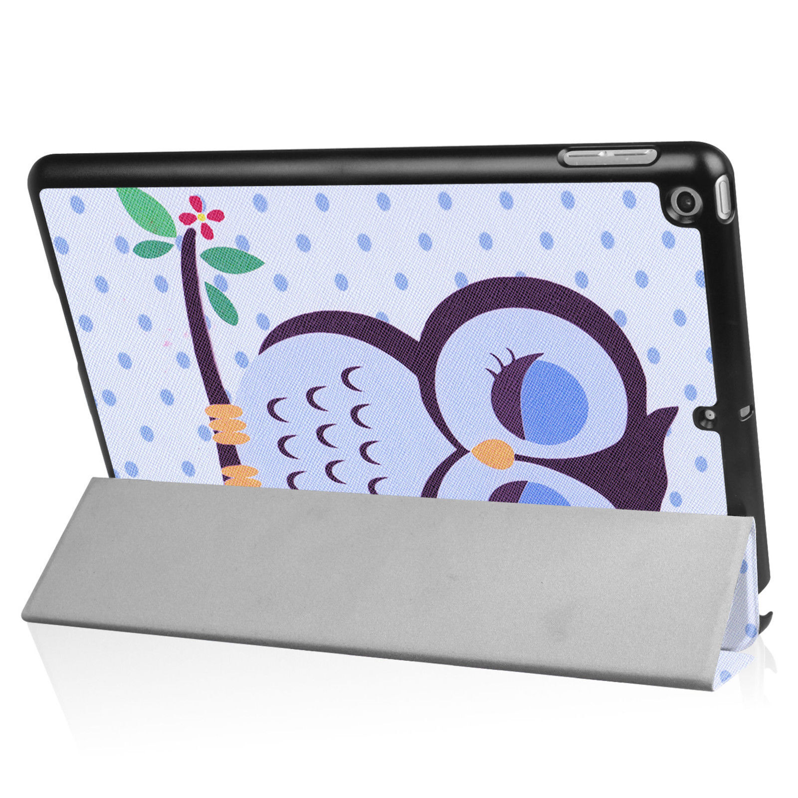 Tablet-Hülle mit Eulen-Design, aufgestellt. Die Eule ist hellblau mit weißem Hintergrund.