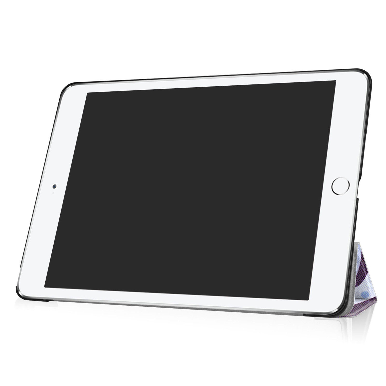Weißes Tablet mit schwarzem Bildschirm in einem Ständer. Der Ständer hat eine gemusterte Abdeckung.