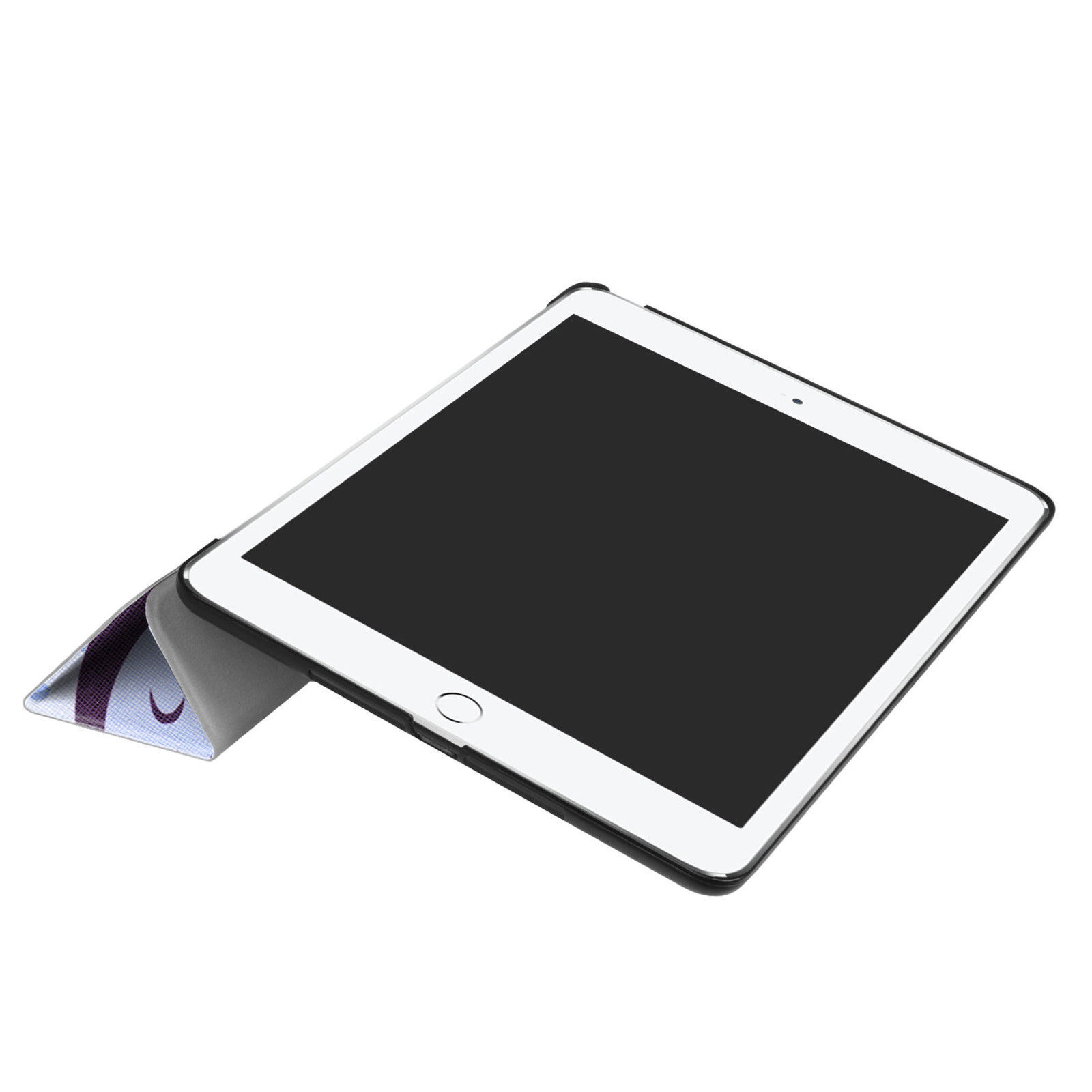 Tablet mit schwarzem Bildschirm in Hülle, auf weißer Oberfläche geneigt. Hülle teilweise sichtbar.