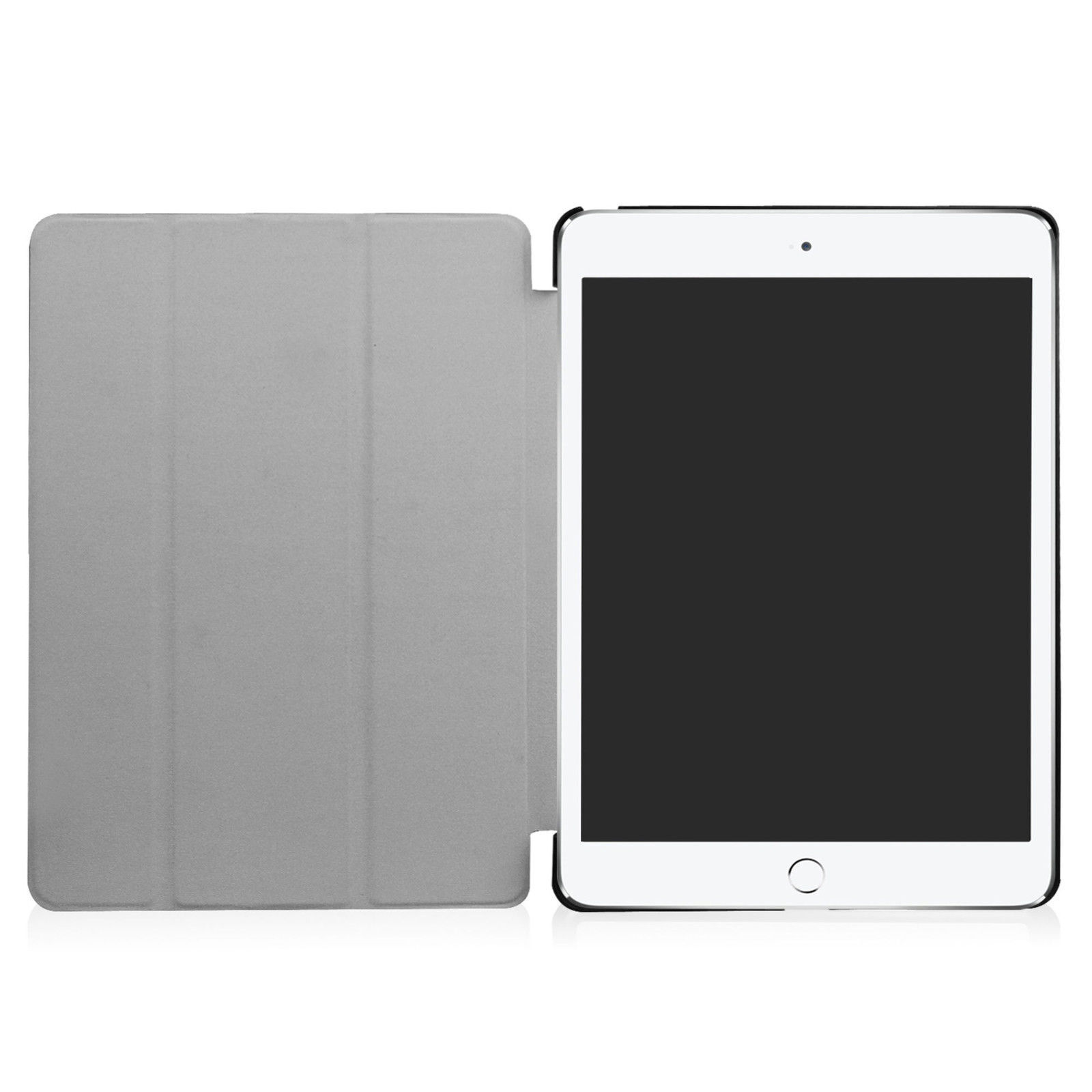 Tablet mit geöffneter Hülle. Die Hülle ist grau, der Bildschirm ist schwarz. Weißer Hintergrund.