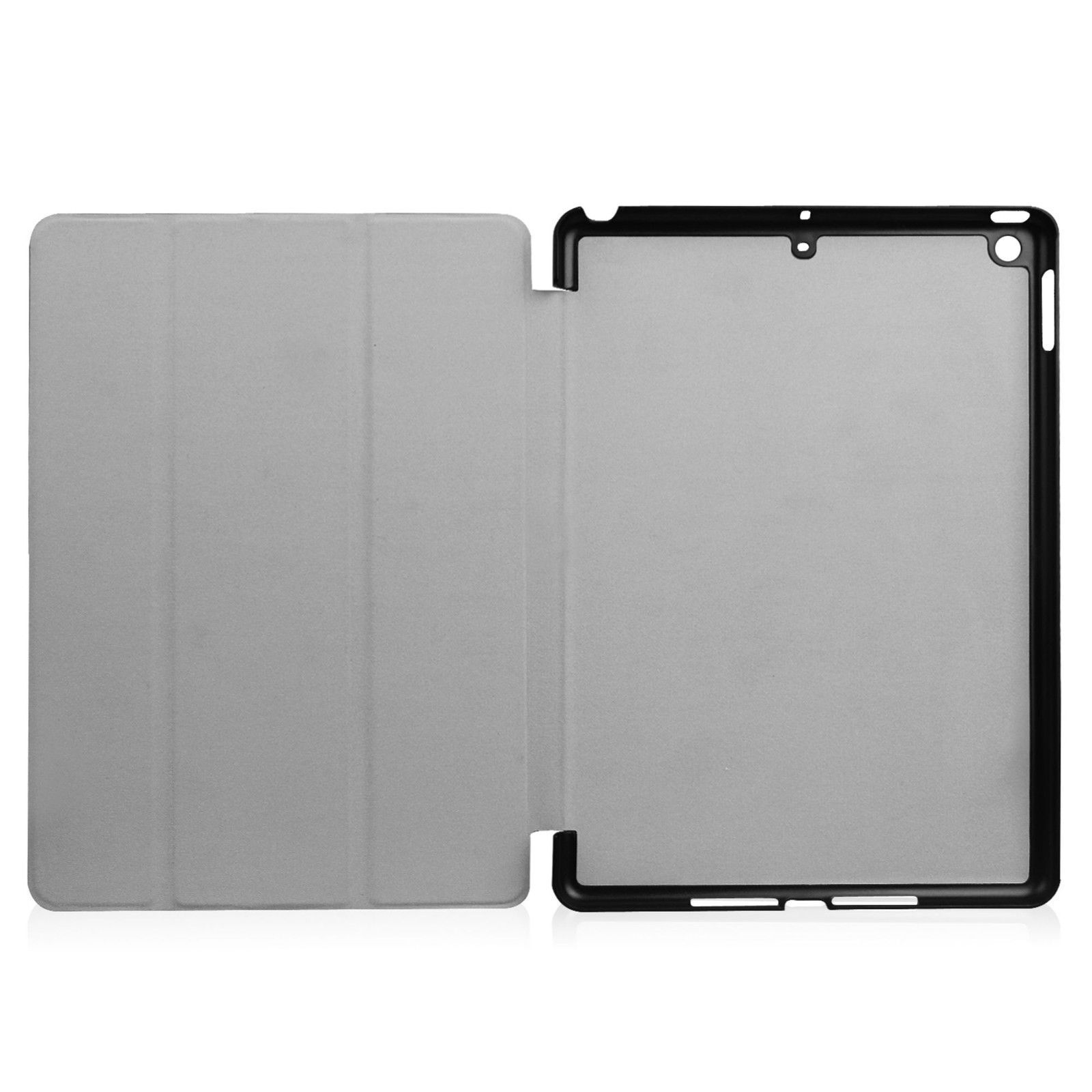 Eine Tablethülle, offen. Die Innenseite ist grau, der äußere Rahmen schwarz. Das Tablet fehlt.
