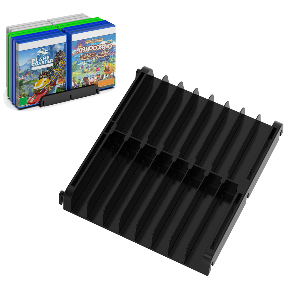 Ein schwarzes Spielkassettenregal mit Spielhüllen, mit ein paar Spielhüllen links.