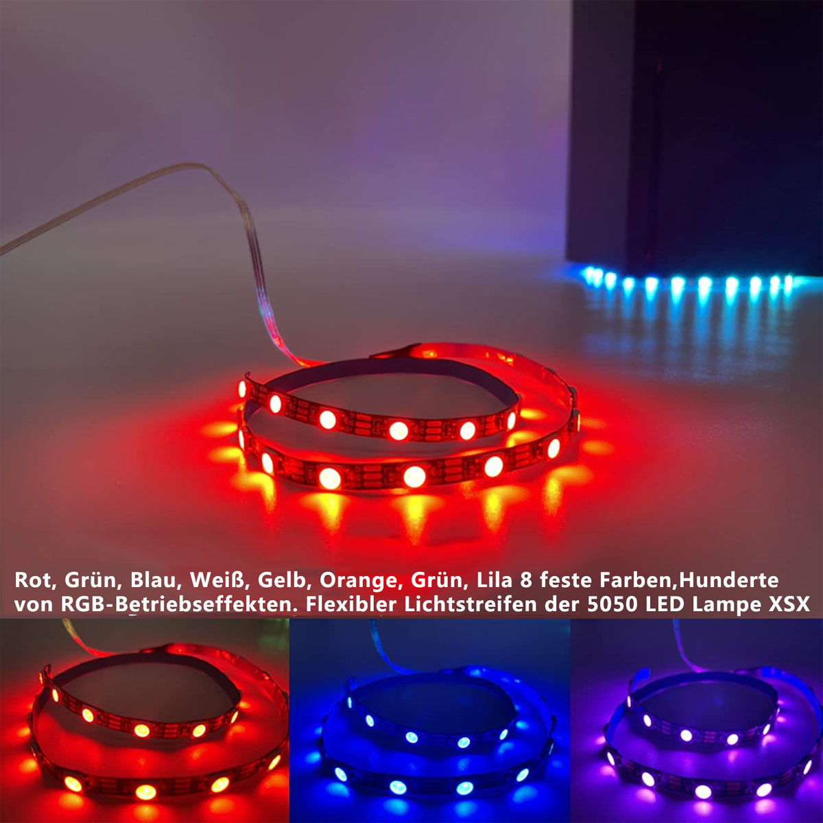RGB-LED-Streifen, die rotes, weißes, blaues, gelbes, oranges, grünes und violettes Licht aussenden.