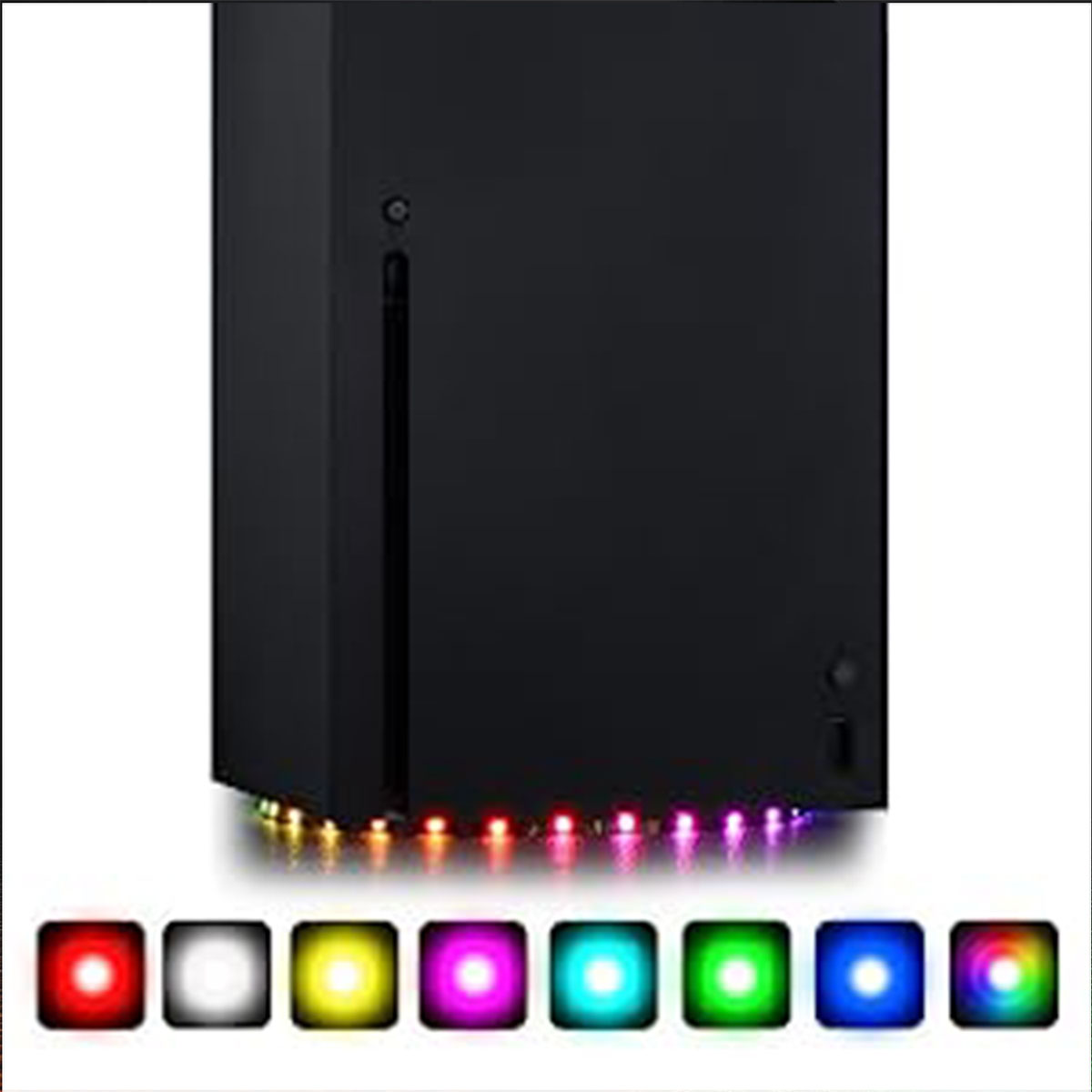 Schwarze Spielkonsole mit bunten LED-Leuchten an der Basis. Eine Reihe von Farbsymbolen darunter.