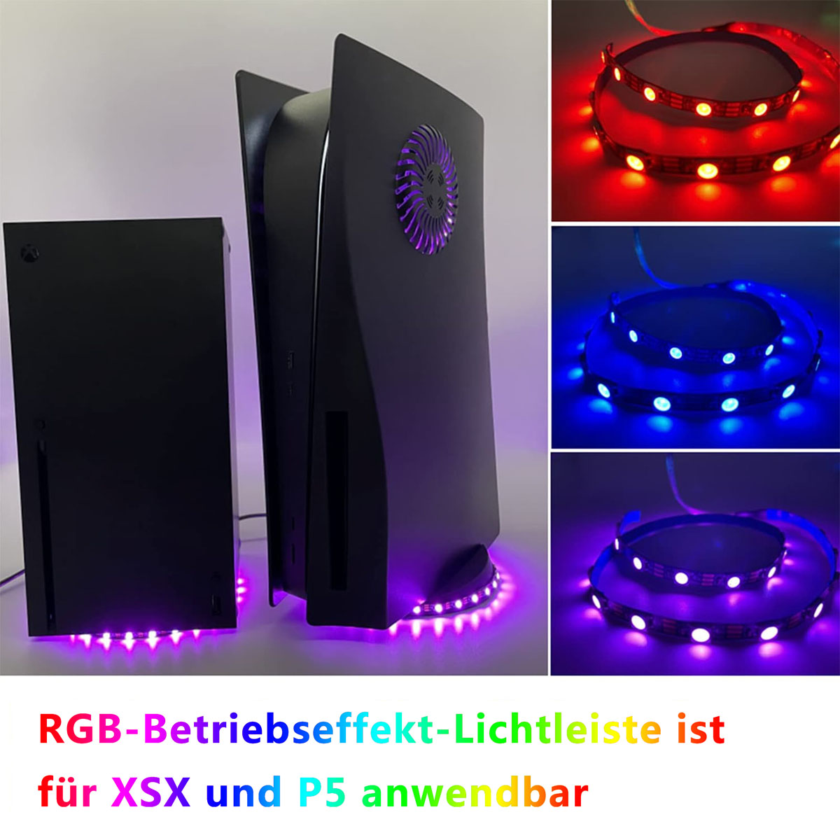 Spielekonsole mit RGB-Lichtleisten. Der Text lautet: RGB-betriebseffekt-Lichtleiste ist für XSX und P5 anwendbar.