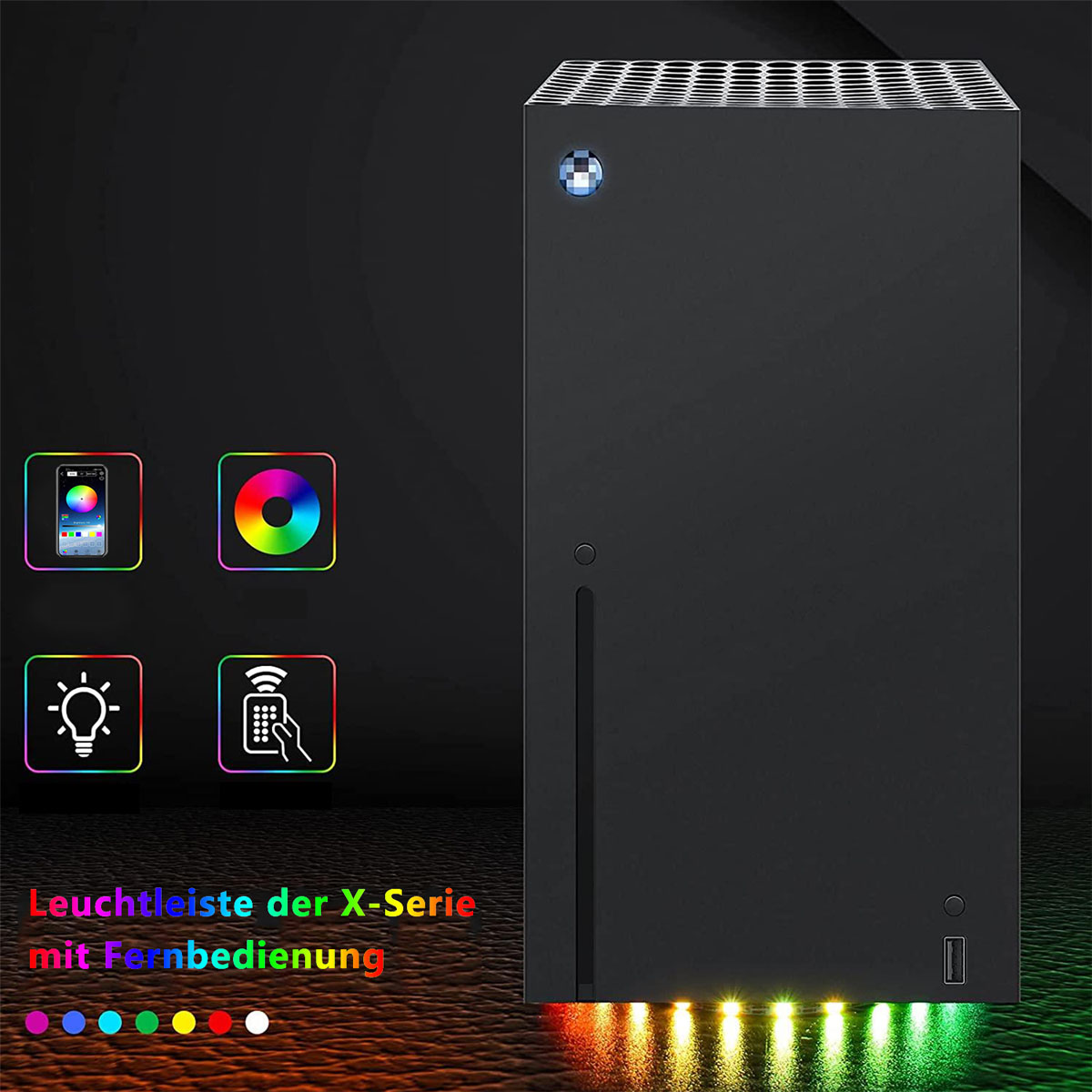 Eine schwarze Spielekonsole mit bunten Lichtern von unten und Symbolen für Lichteinstellungen.