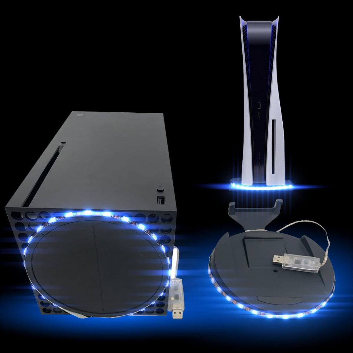 Gaming-Konsolen und Ständer mit blauen LED-Leuchten auf dunklem Hintergrund.