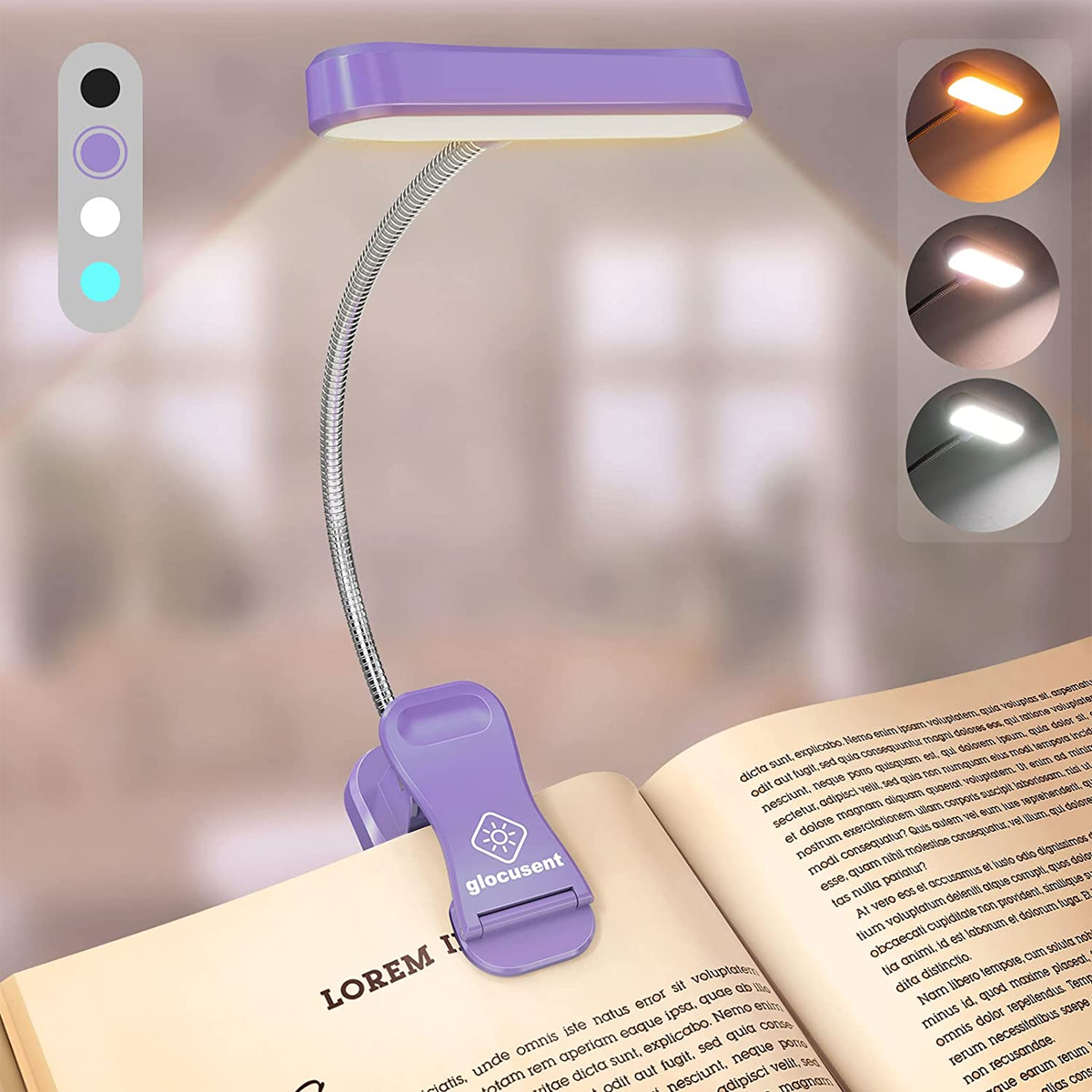 KINSI Mini-Buchlampe, 3 Farben mit Leselicht 5 Klemme Wiederaufladbares Drei und Helligkeitsstufen, Farben LED-Leuchte Aufladbare
