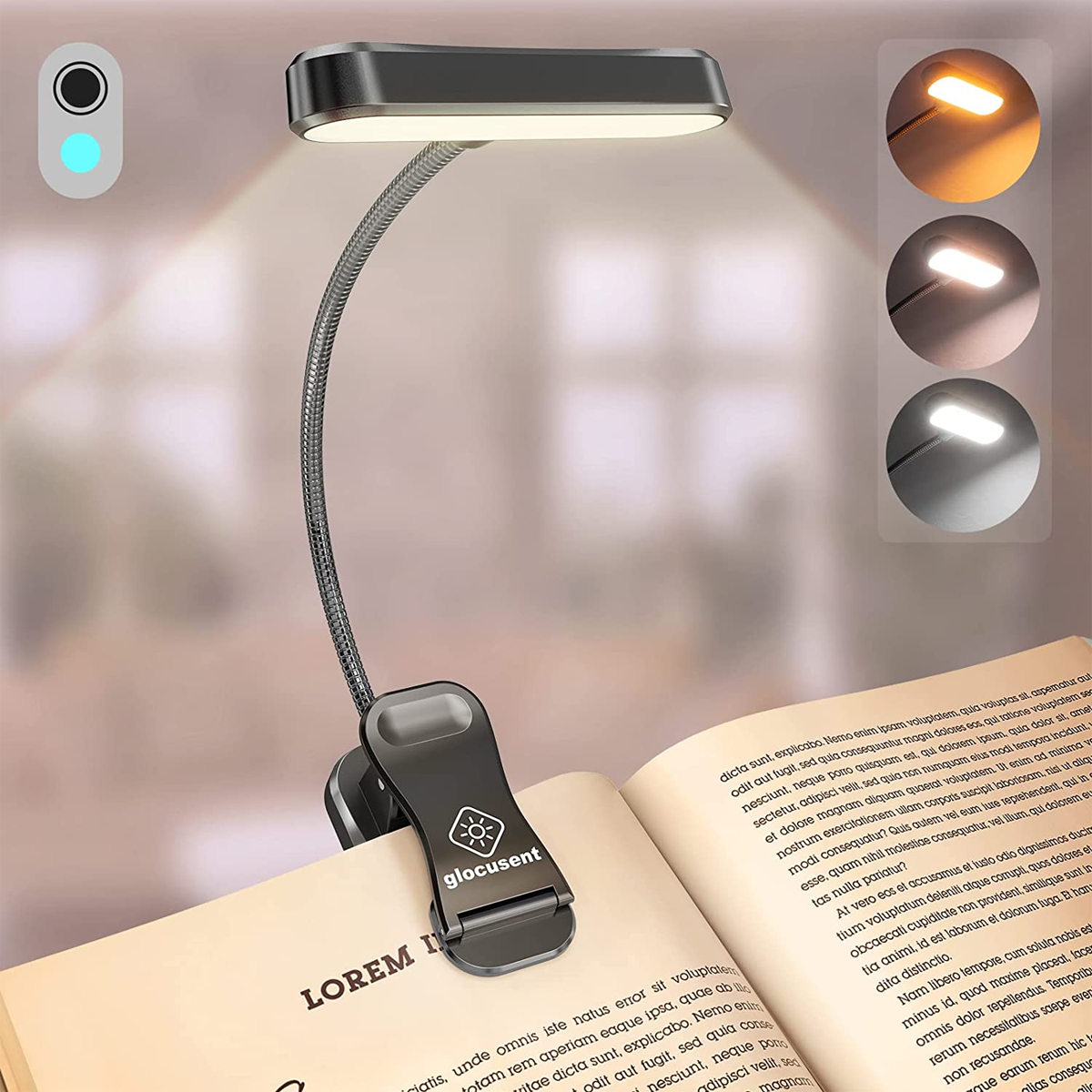 KINSI Leselicht, Mini-Buchlampe, 3 Aufladbare Drei Helligkeitsstufen, Klemme 5 und Farben LED-Leuchte Farben Wiederaufladbares mit