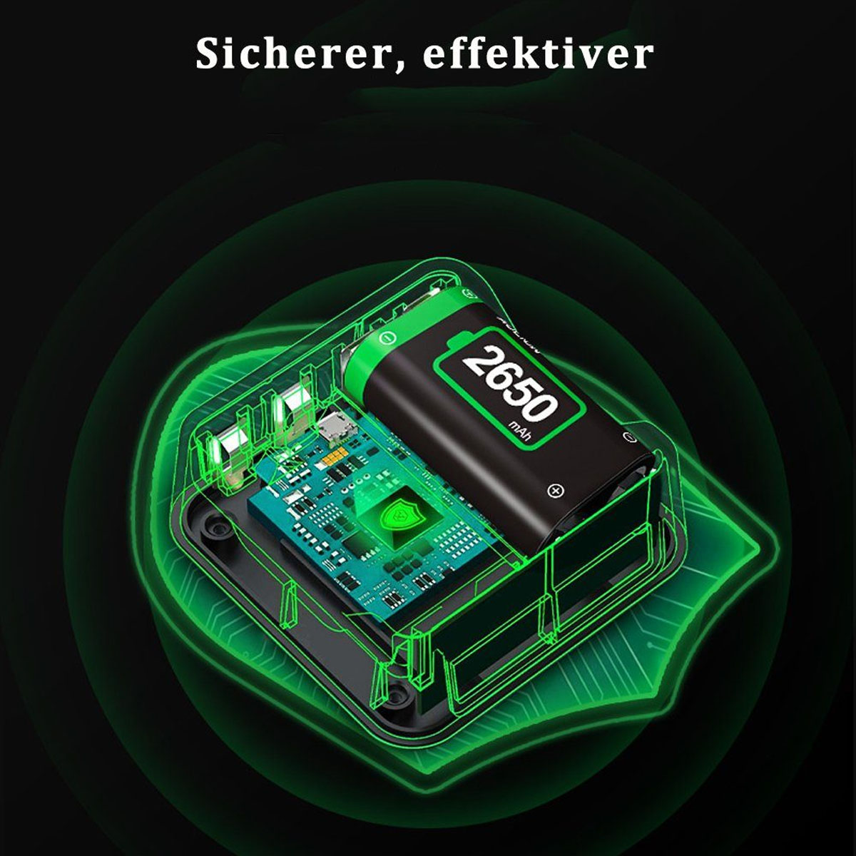 Elektronische Komponente mit Batterie in einem Gehäuse. Der Text lautet „sicherer, effektiver“.