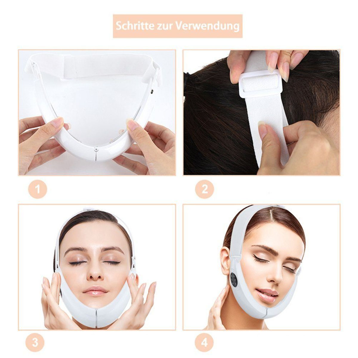 Vier Fotos eines Face-Lifting-Geräts. Eine Frau wird bei der Anwendung gezeigt. Es ist weiß.