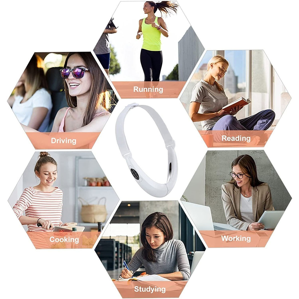 Das Bild zeigt ein weißes Face-Lifting-Gerät und Personen in verschiedenen Szenarien: Laufen, Autofahren, Lesen, Kochen, Arbeiten und Lernen.