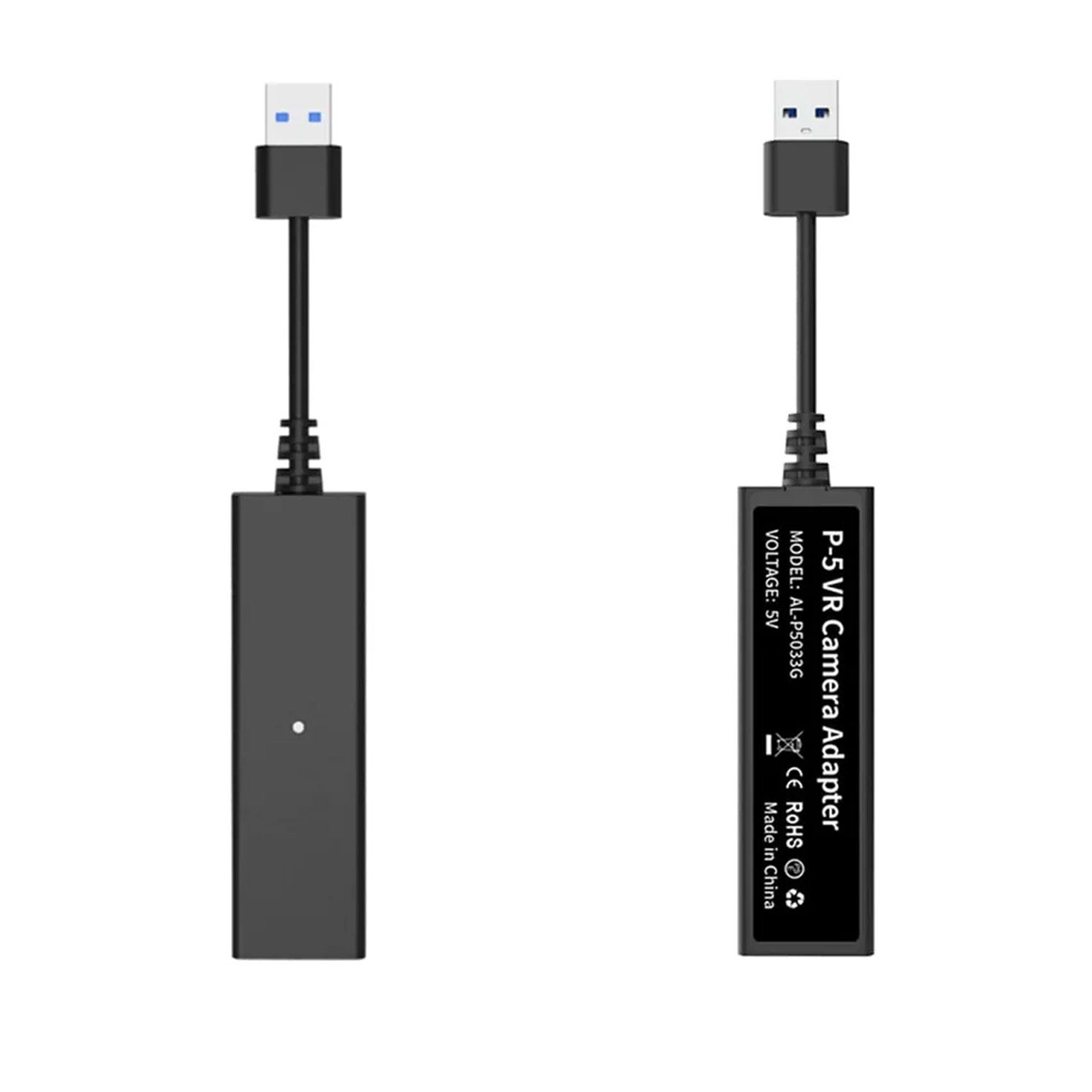 Zwei schwarze USB-Kabel, verbunden mit einem schwarzen Adapter mit Text.