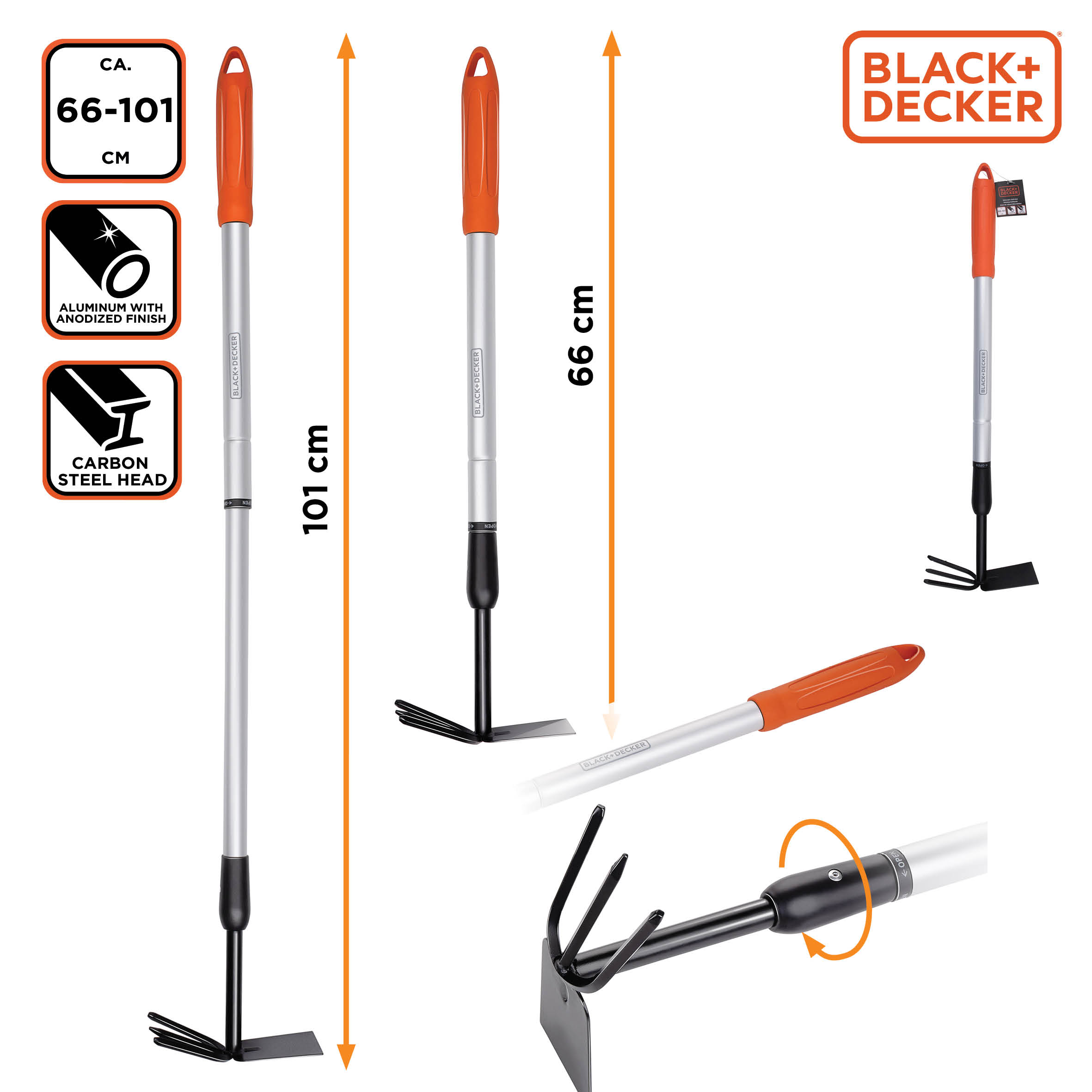 Tuingereedschapsset. Inclusief twee verstelbare schoffels met oranje handvatten en een BLACK+DECKER logo. Afmetingen worden getoond.
