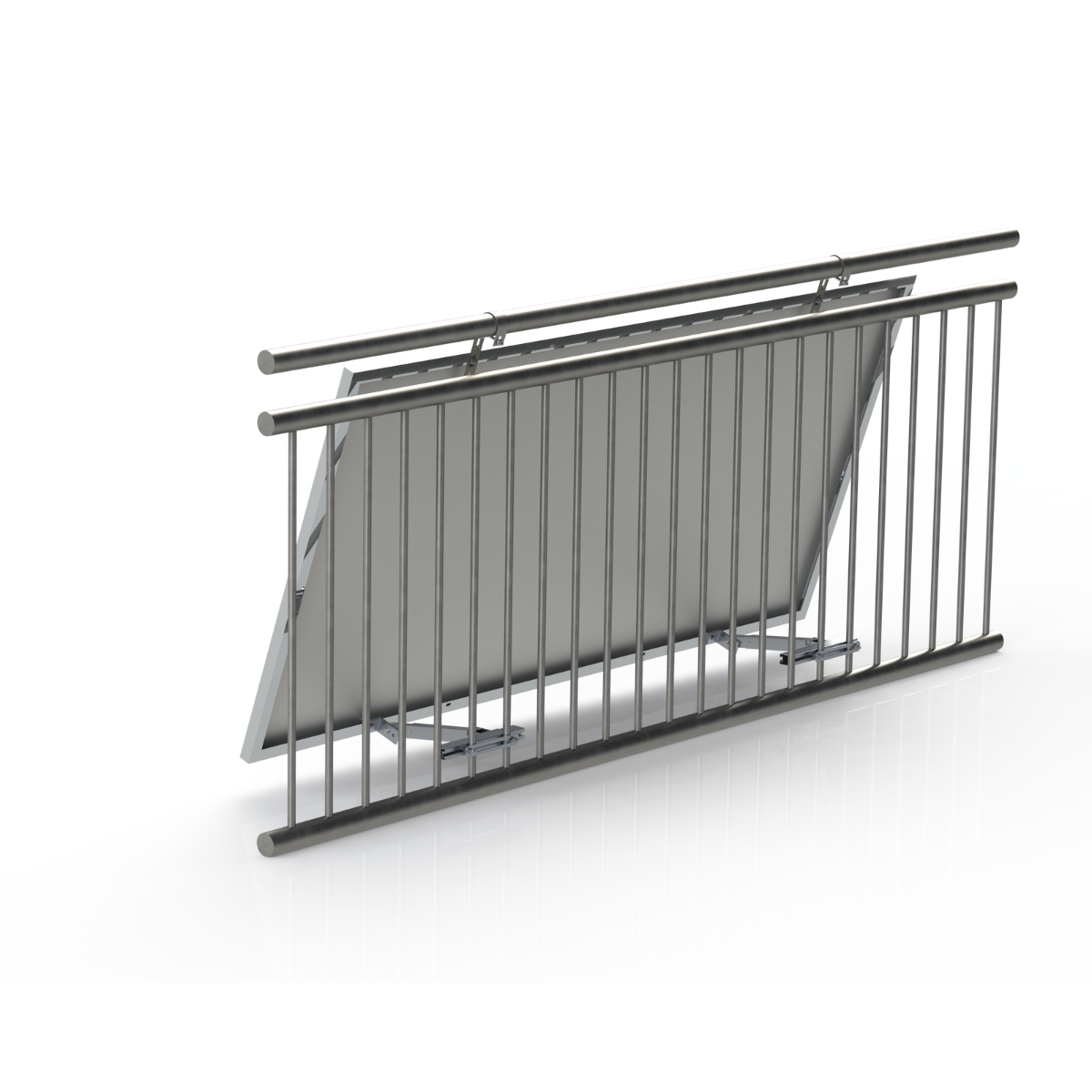 Edelstahlgeländer. Vertikale Stangen. Weißer Hintergrund.