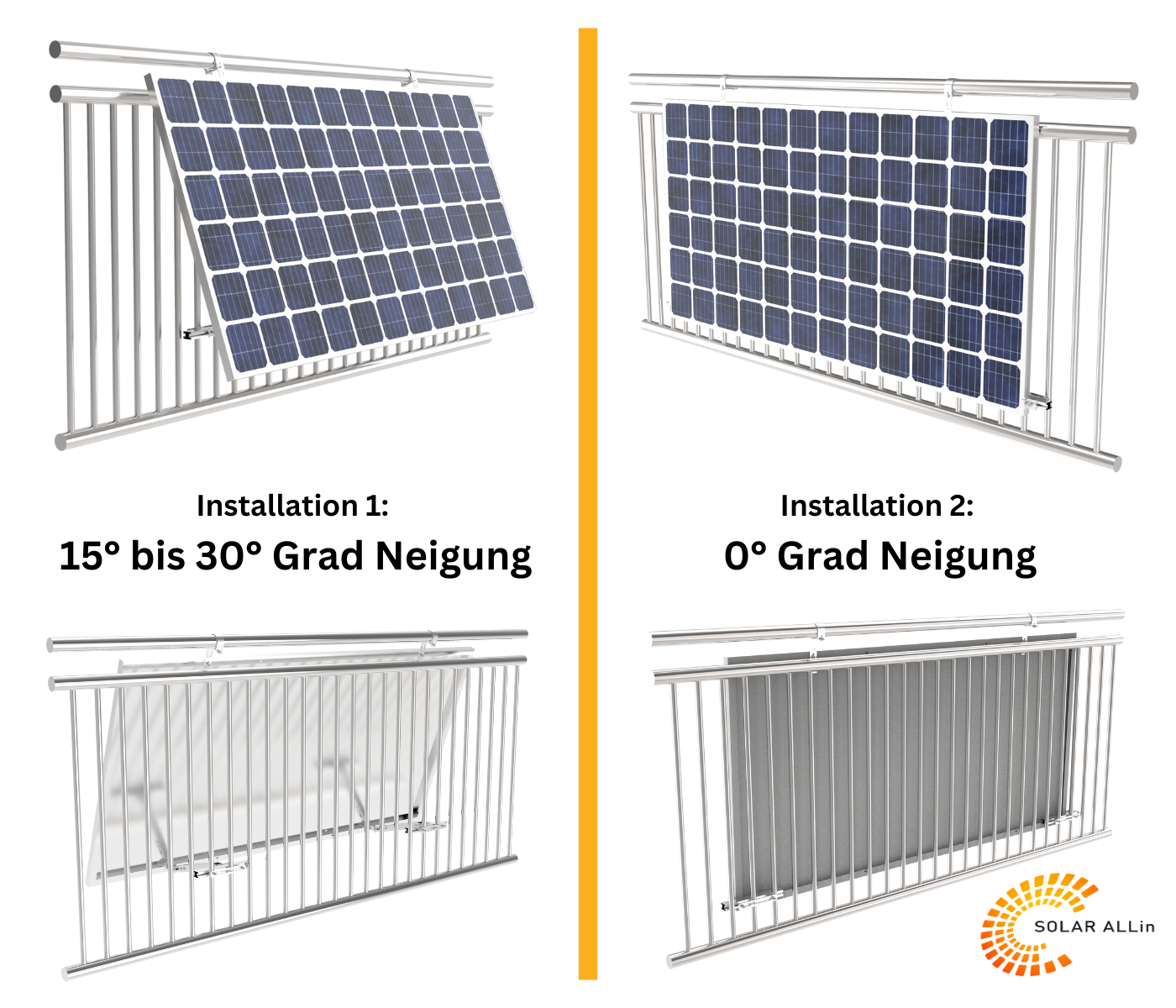 Beispiele für die Installation von Solarpanelen auf einem Balkon, zeigt verschiedene Winkel und Montageoptionen.