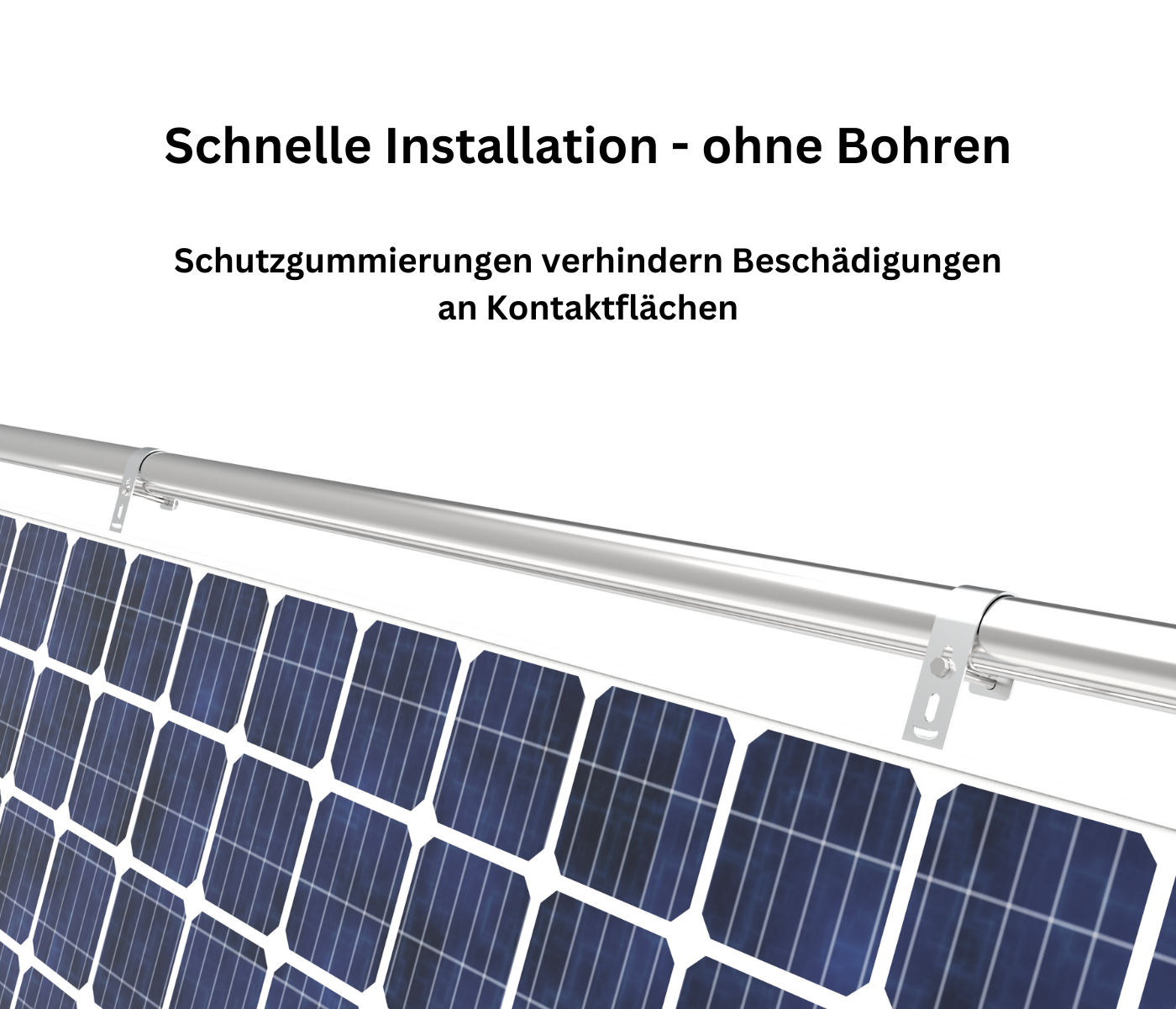 Solarpanel-Setup mit Befestigungsmaterial. Die Paneele sind blau, die Hardware ist silber und befestigt.