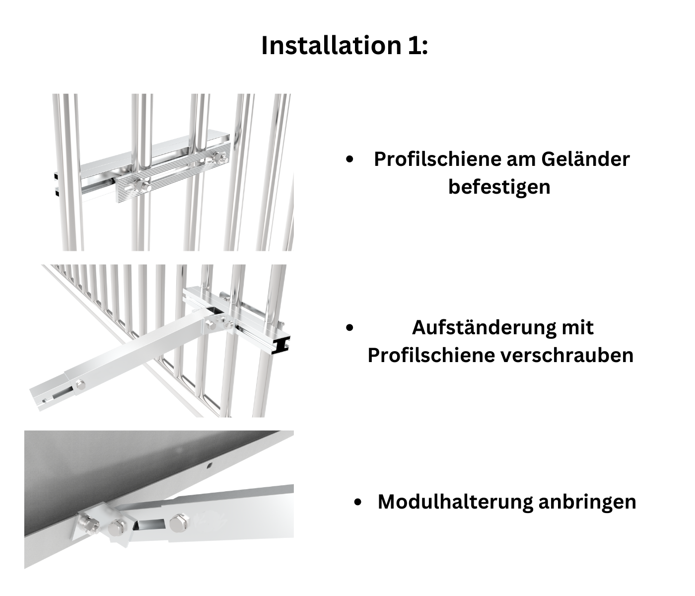 Installationsanweisungen zeigen, wie Metallschienen an einer Struktur befestigt werden.