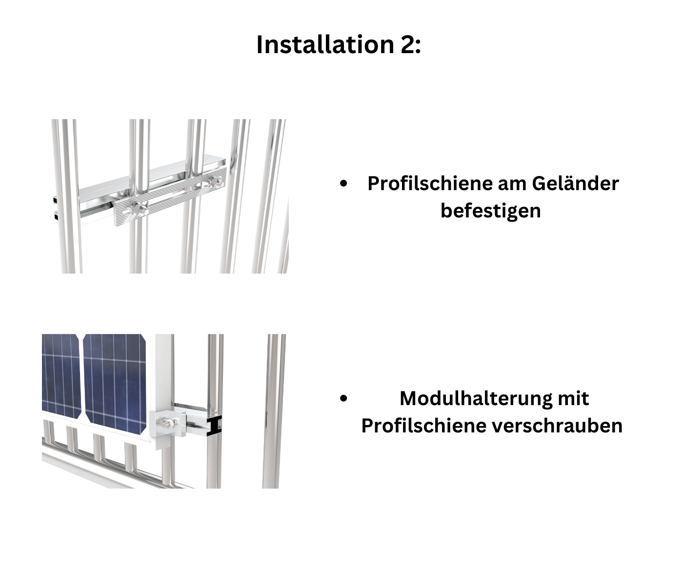 Installationsschritte für eine Solaranlage. Bilder und Text beschreiben den Vorgang.