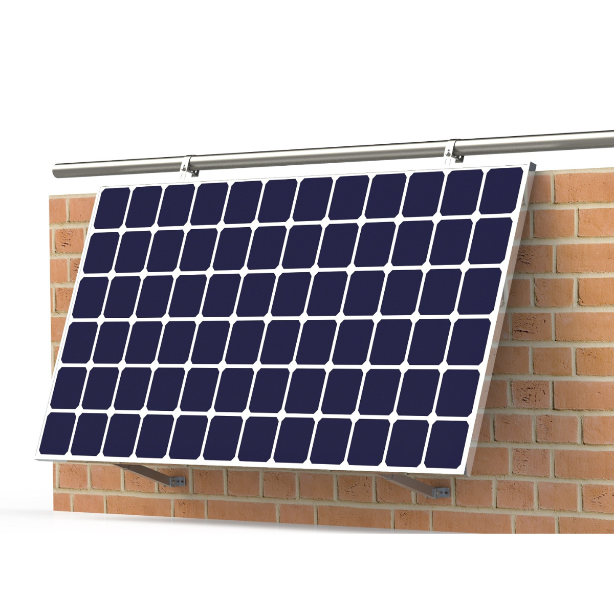Solarpanel an einer Ziegelmauer montiert, mit silberner Halterung.