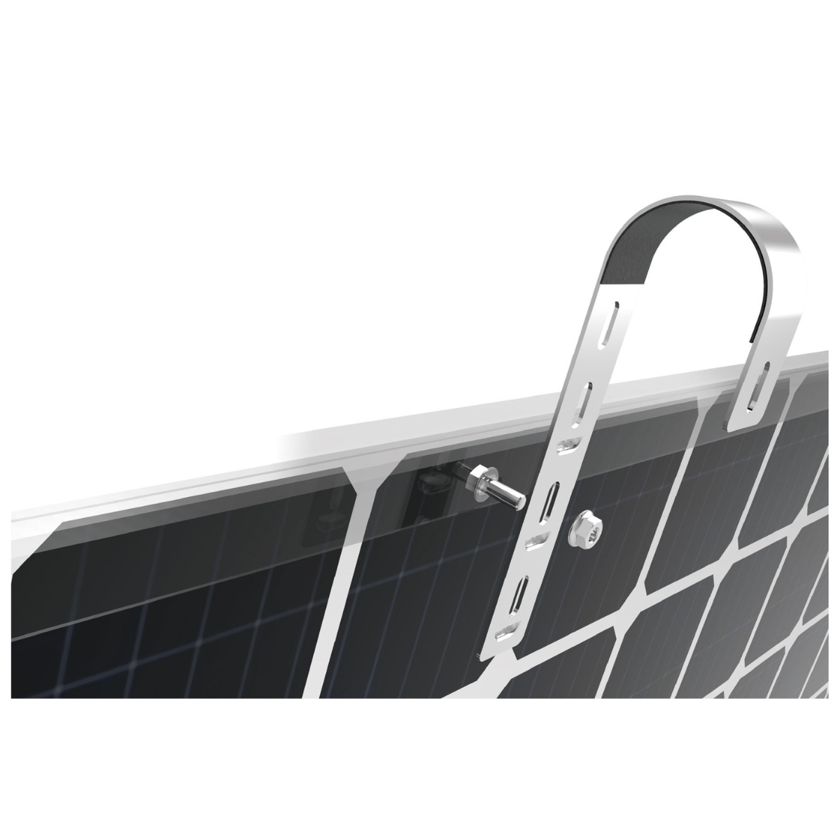Nahaufnahme eines Solarpanels mit befestigter Metallhalterung, weißer Hintergrund.