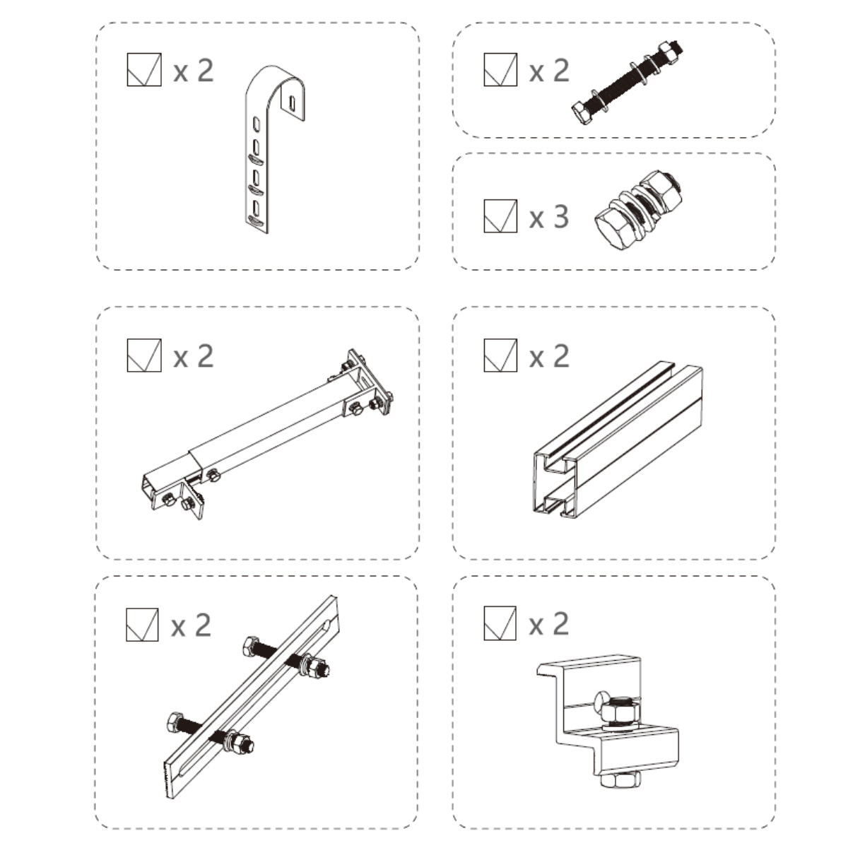 Verschiedene Montagehardware-Komponenten. Schrauben, Halterungen, Bolzen und andere Metallteile.
