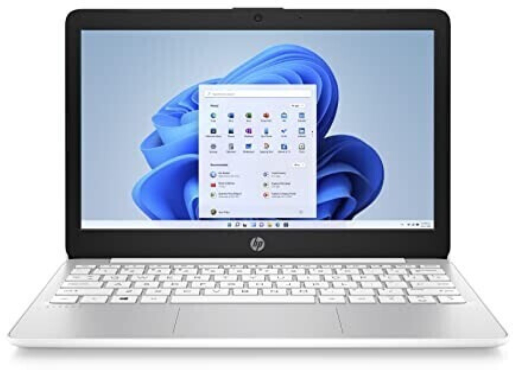 Ein silberner Laptop mit schwarzem Rahmen und einer Windows 11-Oberfläche auf dem Bildschirm.
