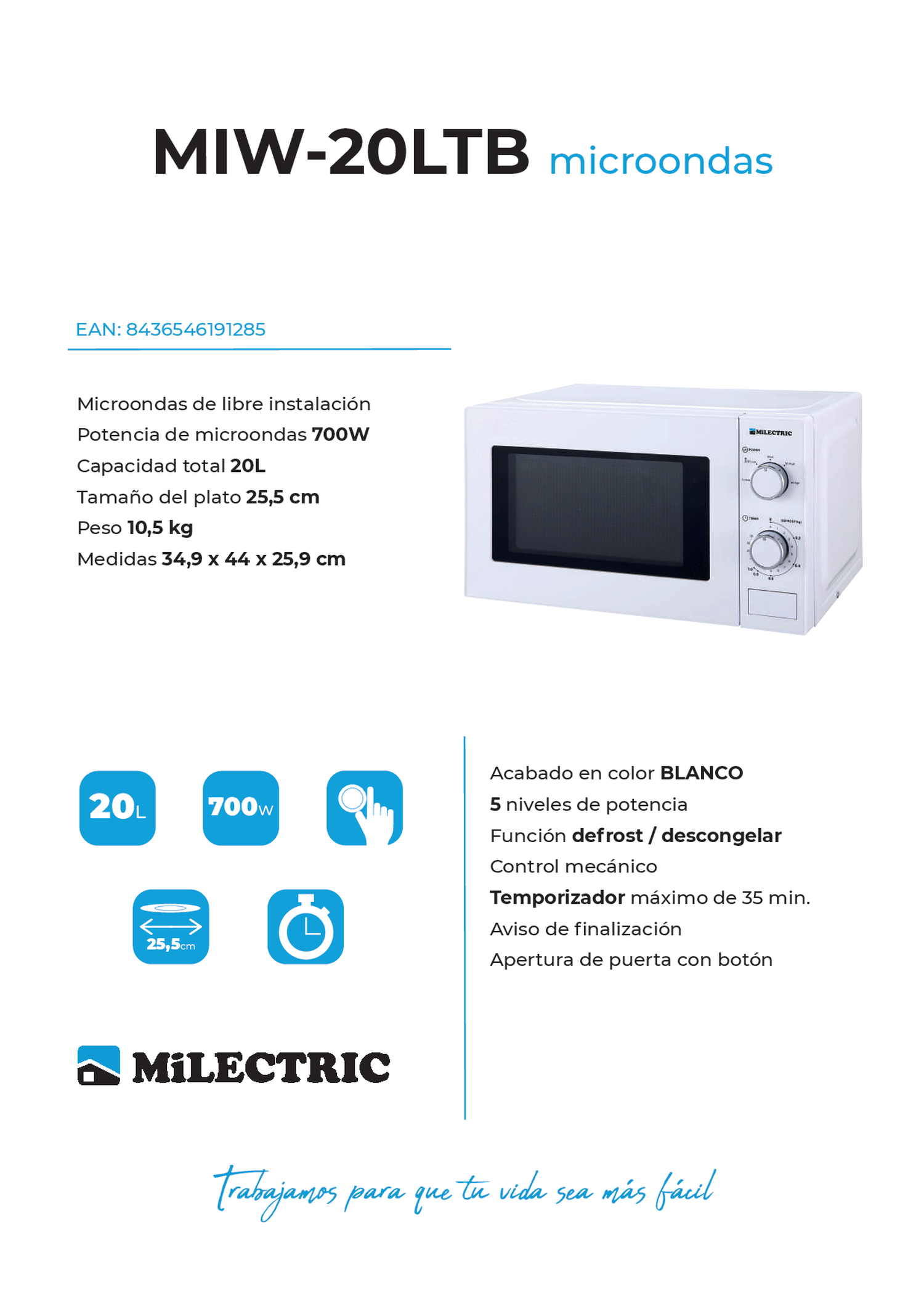 Horno microondas blanco con perillas y pantalla. Texto describe características y dimensiones.
