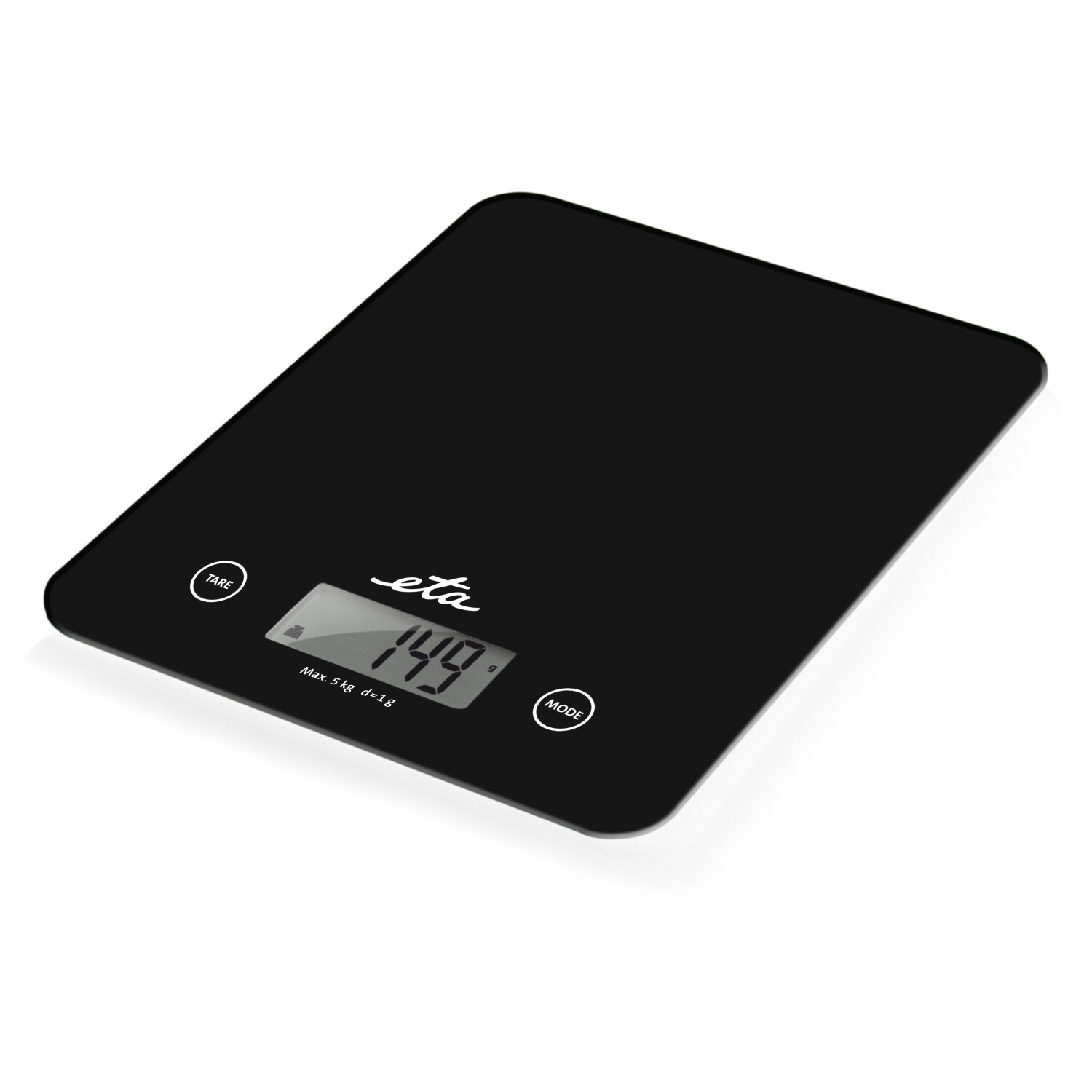 Bilancia da cucina digitale nera. Visualizza 149g sullo schermo. Sfondo bianco.