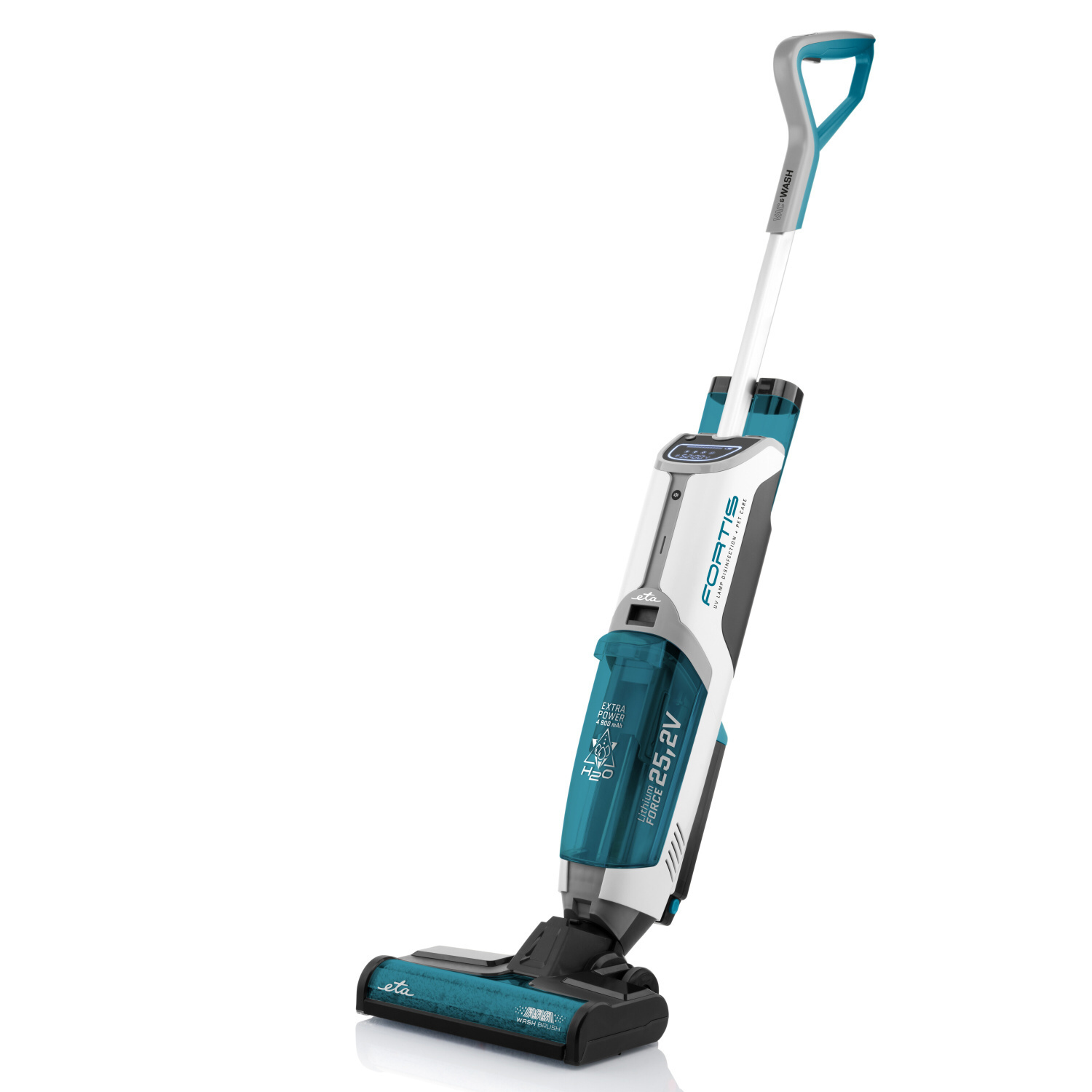 Ein weißer und teal-farbener Staubsauger mit langem Griff auf weißem Hintergrund.