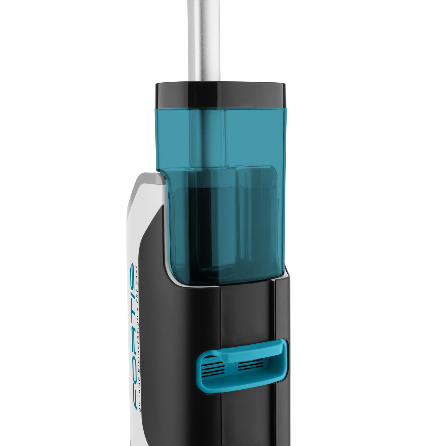 Nahaufnahme eines elektrischen Wasserspenders mit einem türkisfarbenen Abschnitt und einem schwarz-weißen Gehäuse.